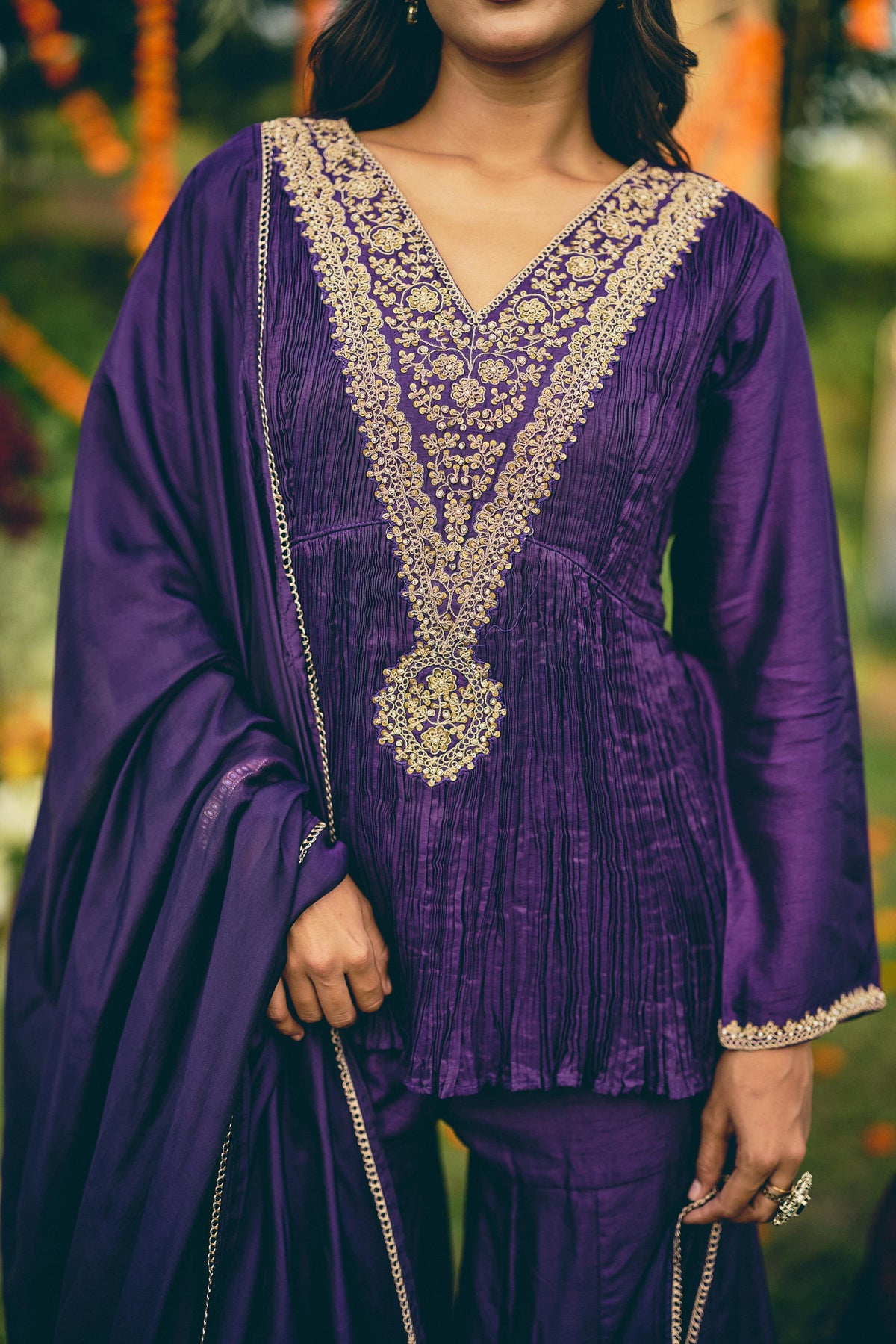 Deep Violet Embellished Raw Silk Sharara Set