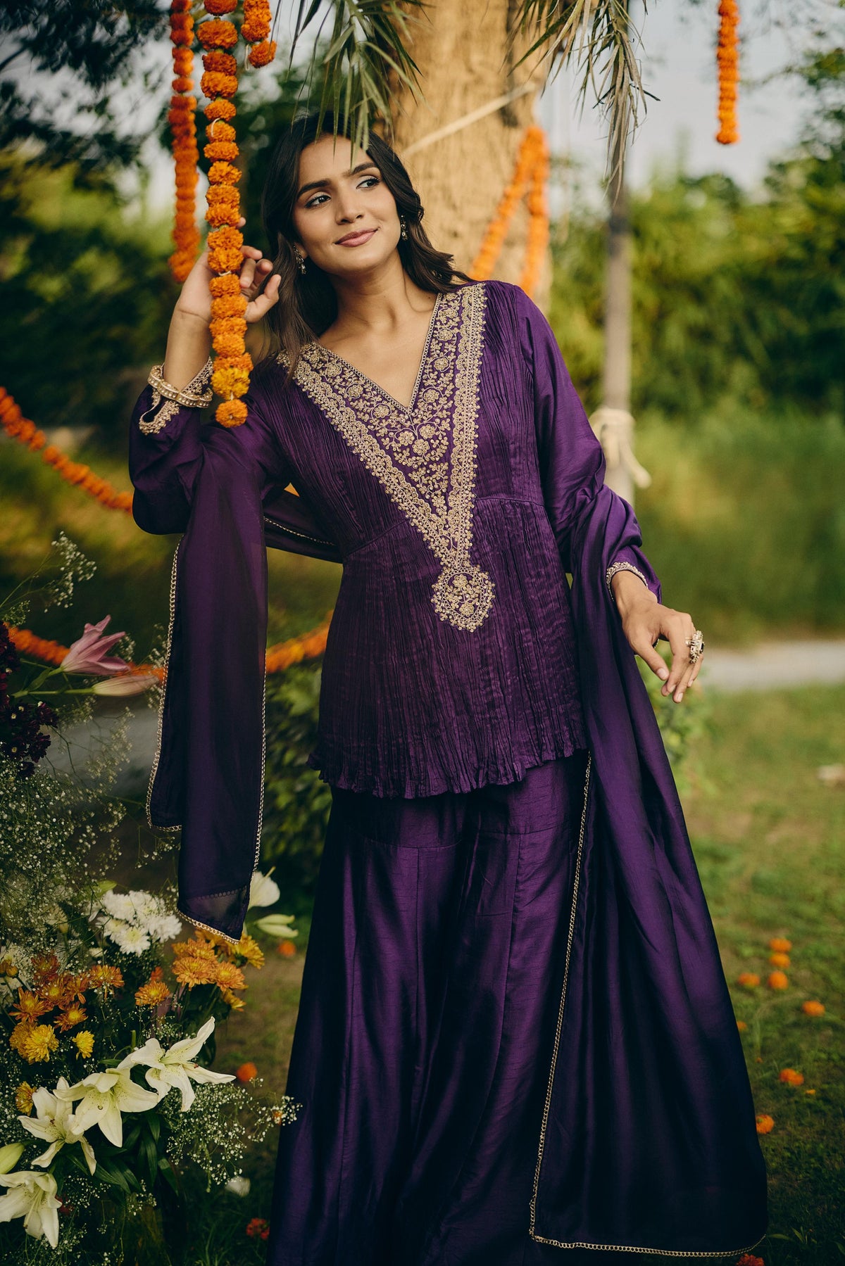 Deep Violet Embellished Raw Silk Sharara Set