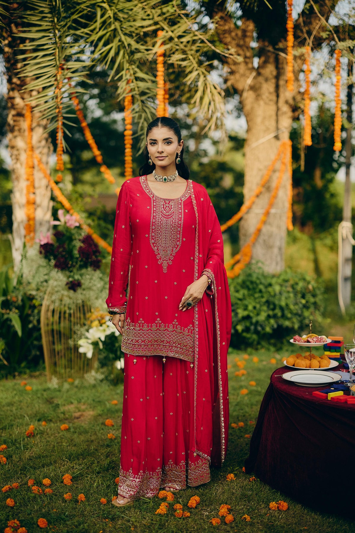 Hot Pink Embellished Chinon Silk Palazzo Set