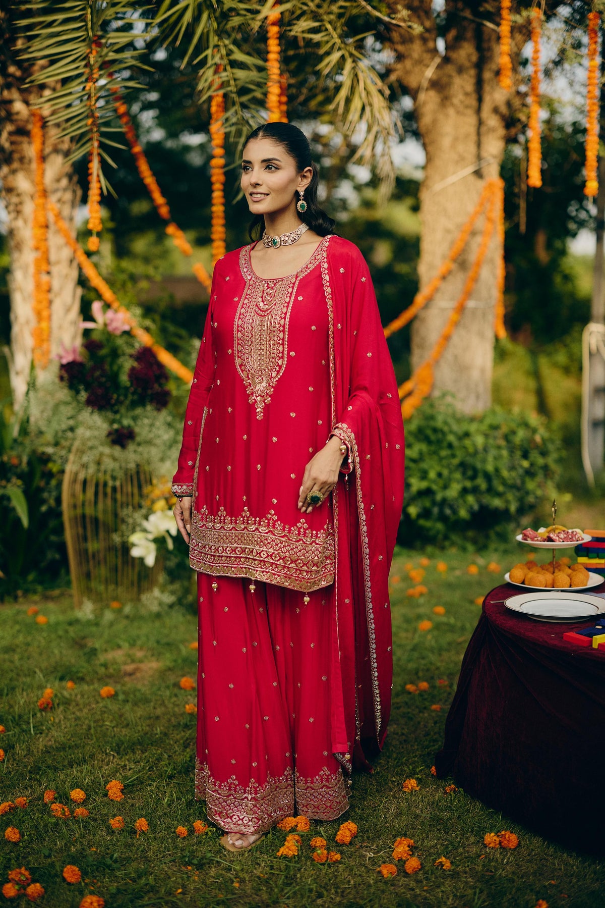Hot Pink Embellished Chinon Silk Palazzo Set