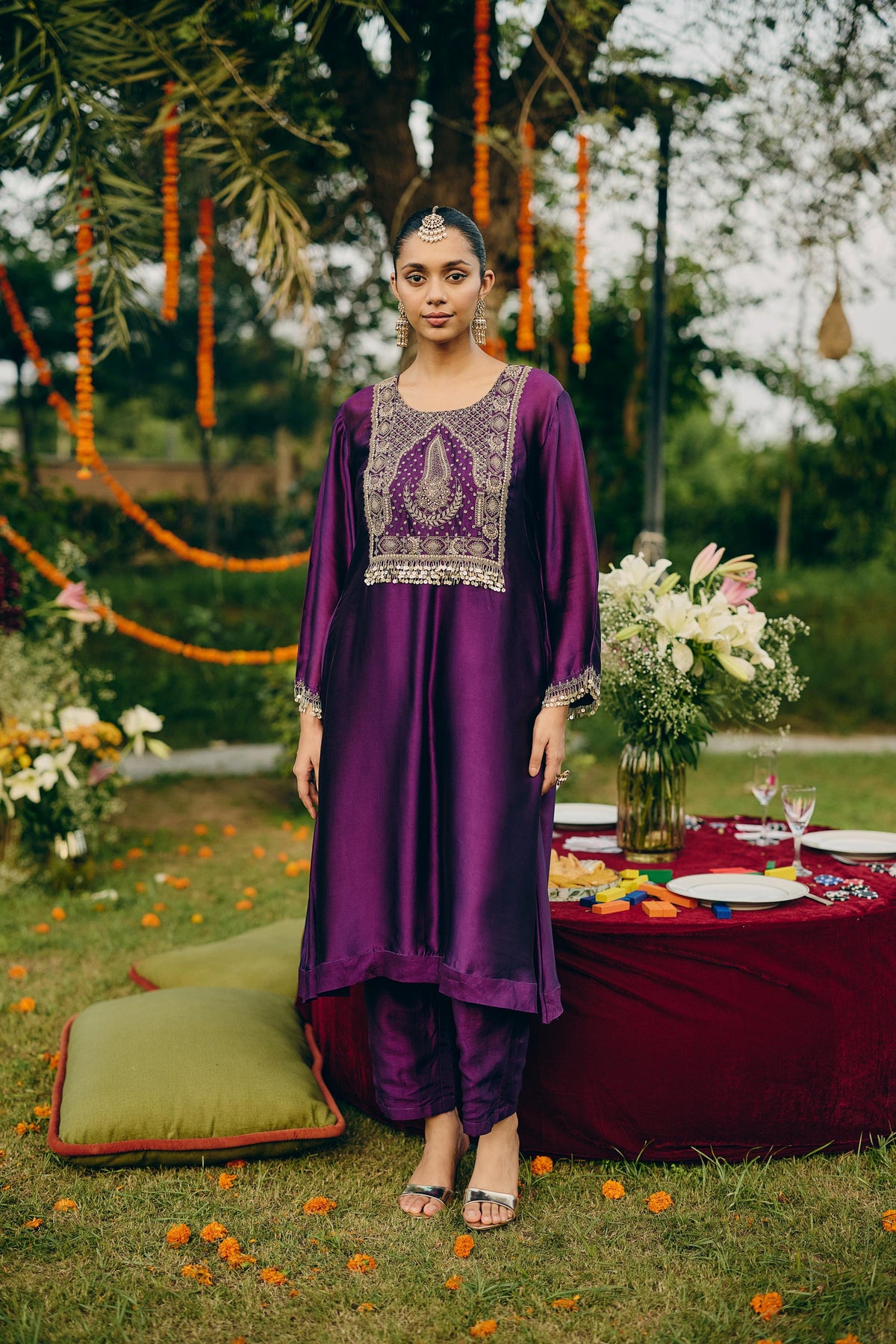 Dark Purple Embellished Crepe Silk Pant Set