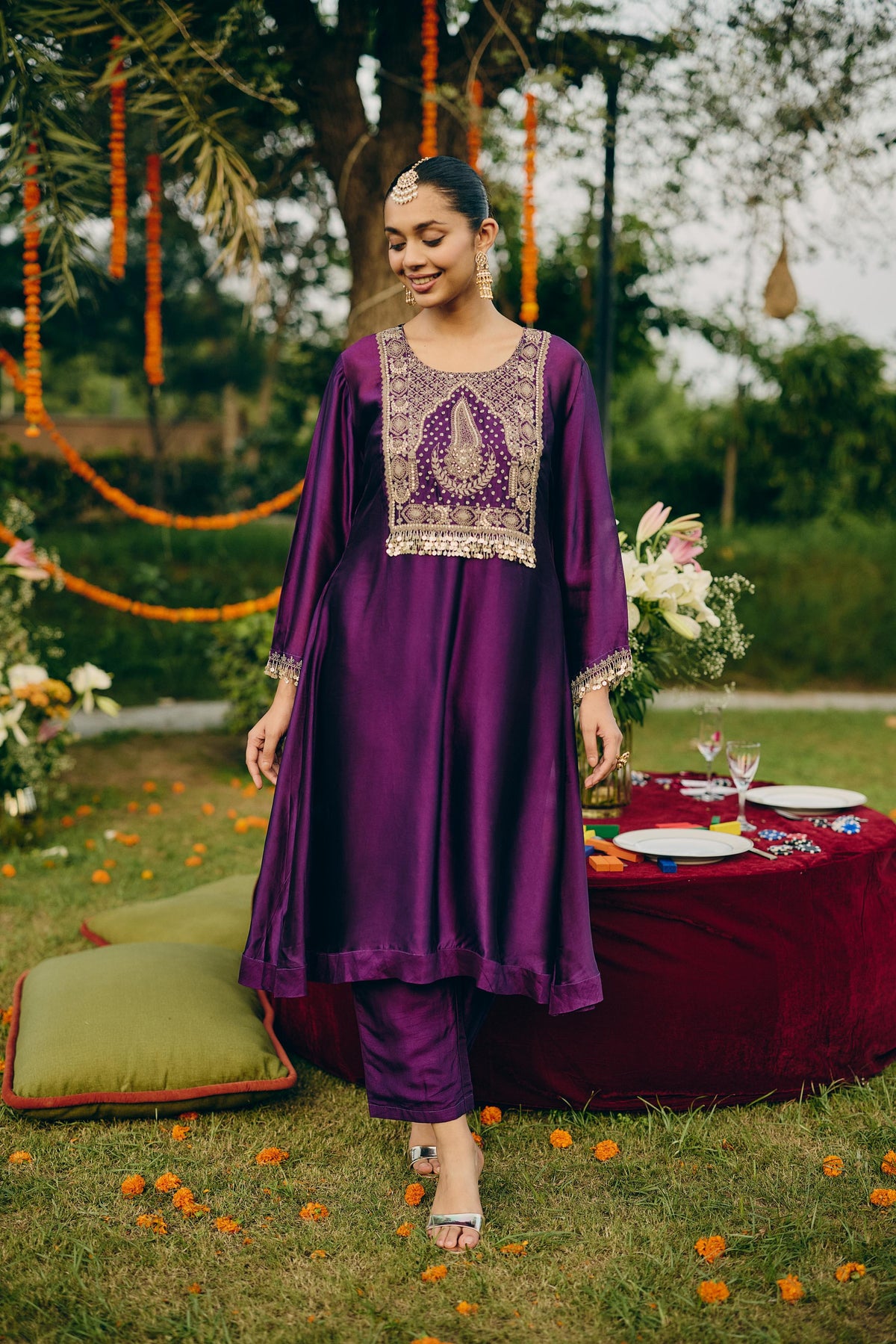 Dark Purple Embellished Crepe Silk Pant Set