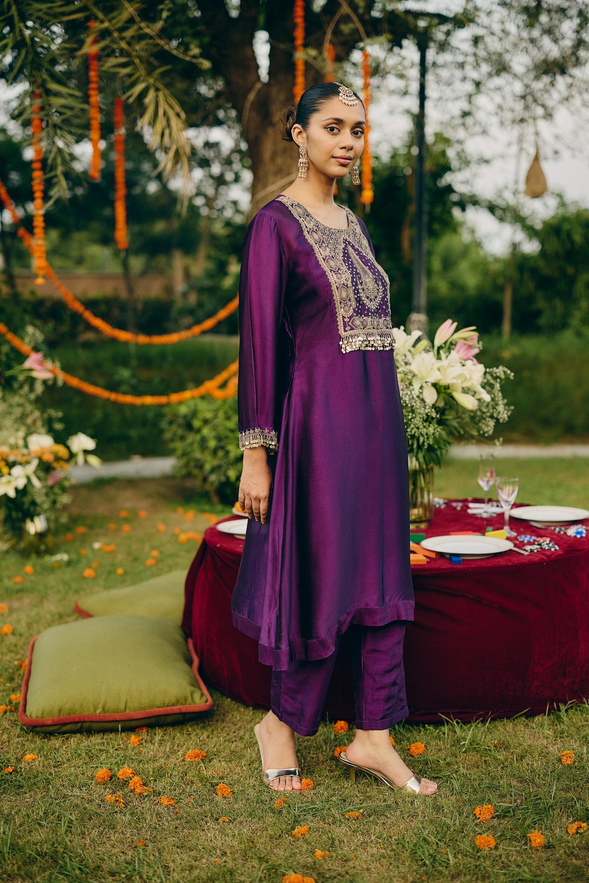 Dark Purple Embellished Crepe Silk Pant Set