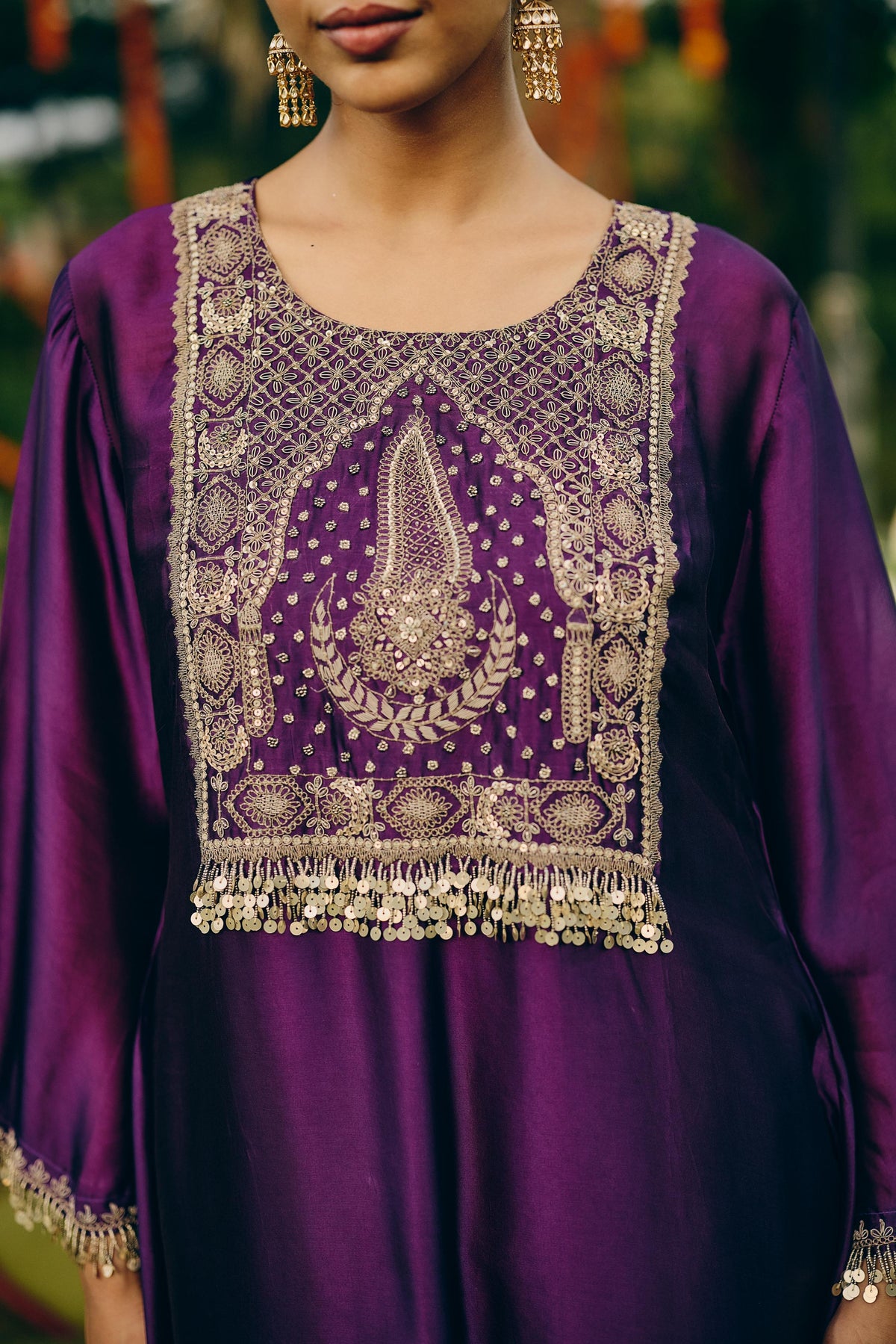 Dark Purple Embellished Crepe Silk Pant Set