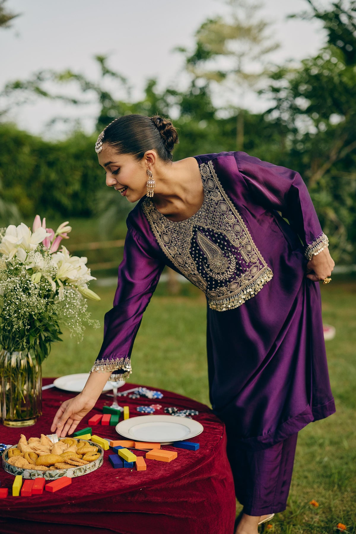 Dark Purple Embellished Crepe Silk Pant Set