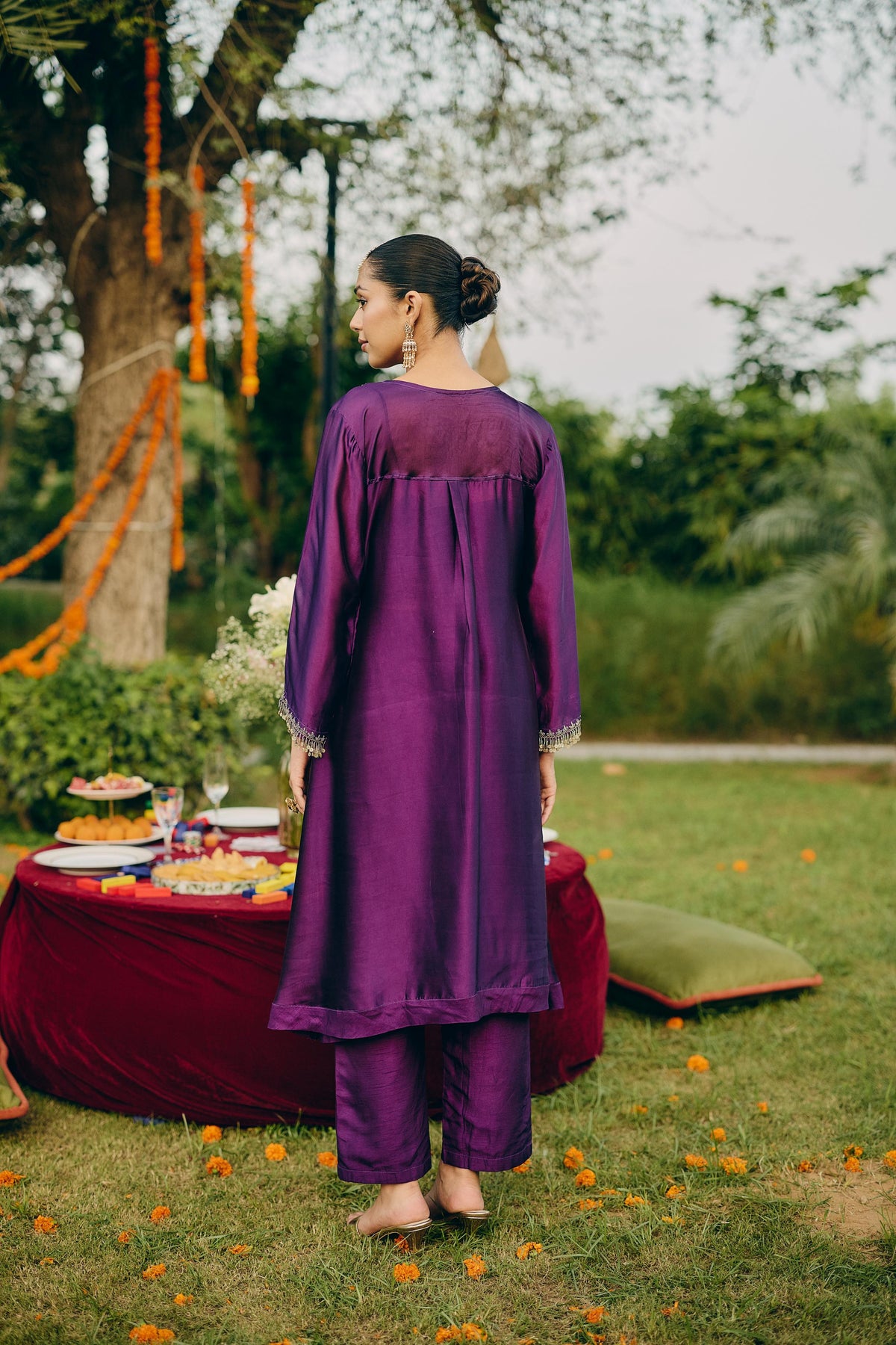 Dark Purple Embellished Crepe Silk Pant Set