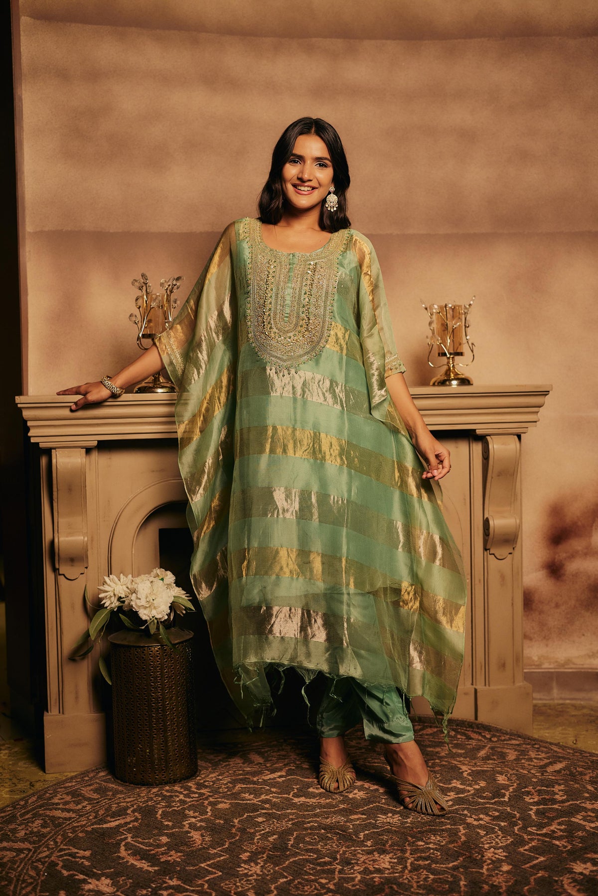 Sage Gold Embellished Shimmer Organza Silk Kaftan Set