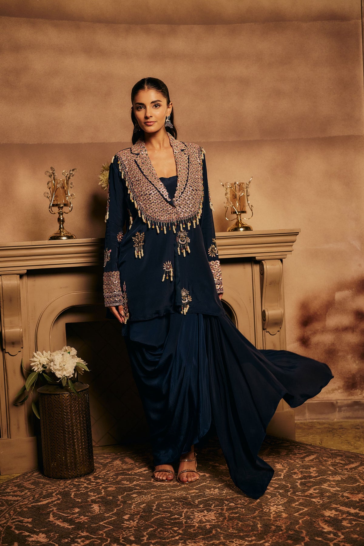 Dark Navy Blue Embellished Crepe Silk Skirt Set