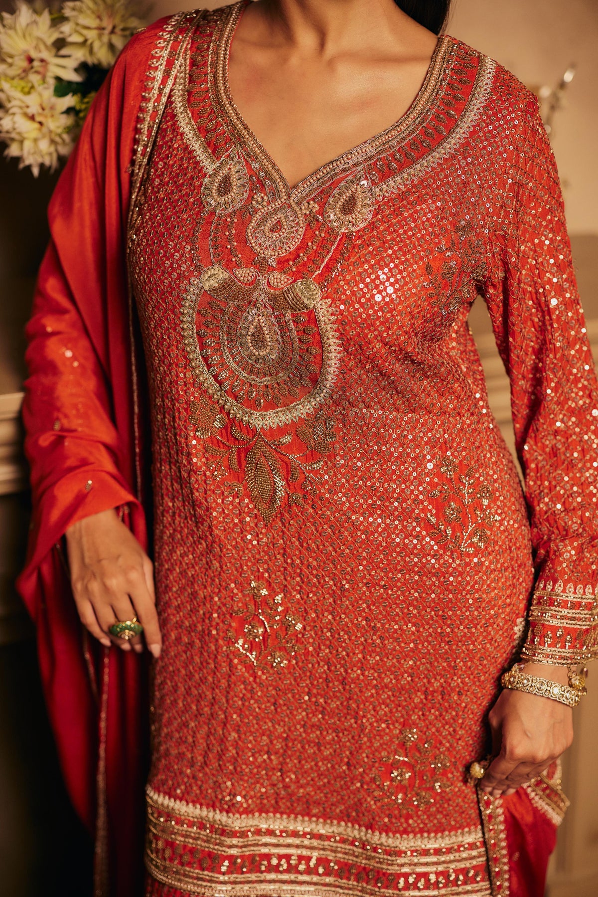 Rust Orange Embellished Chinon Silk Palazzo Set