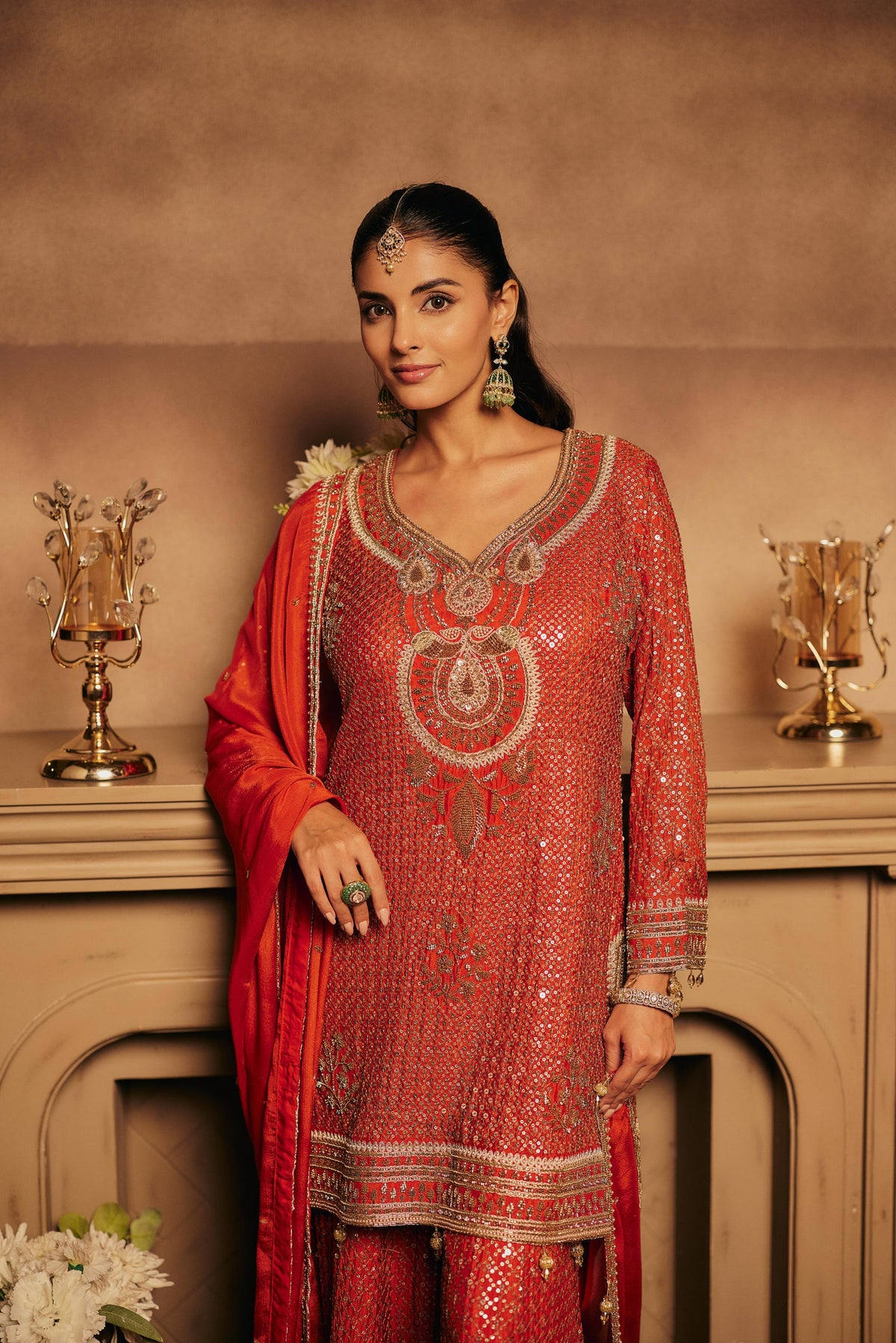 Rust Orange Embellished Chinon Silk Palazzo Set