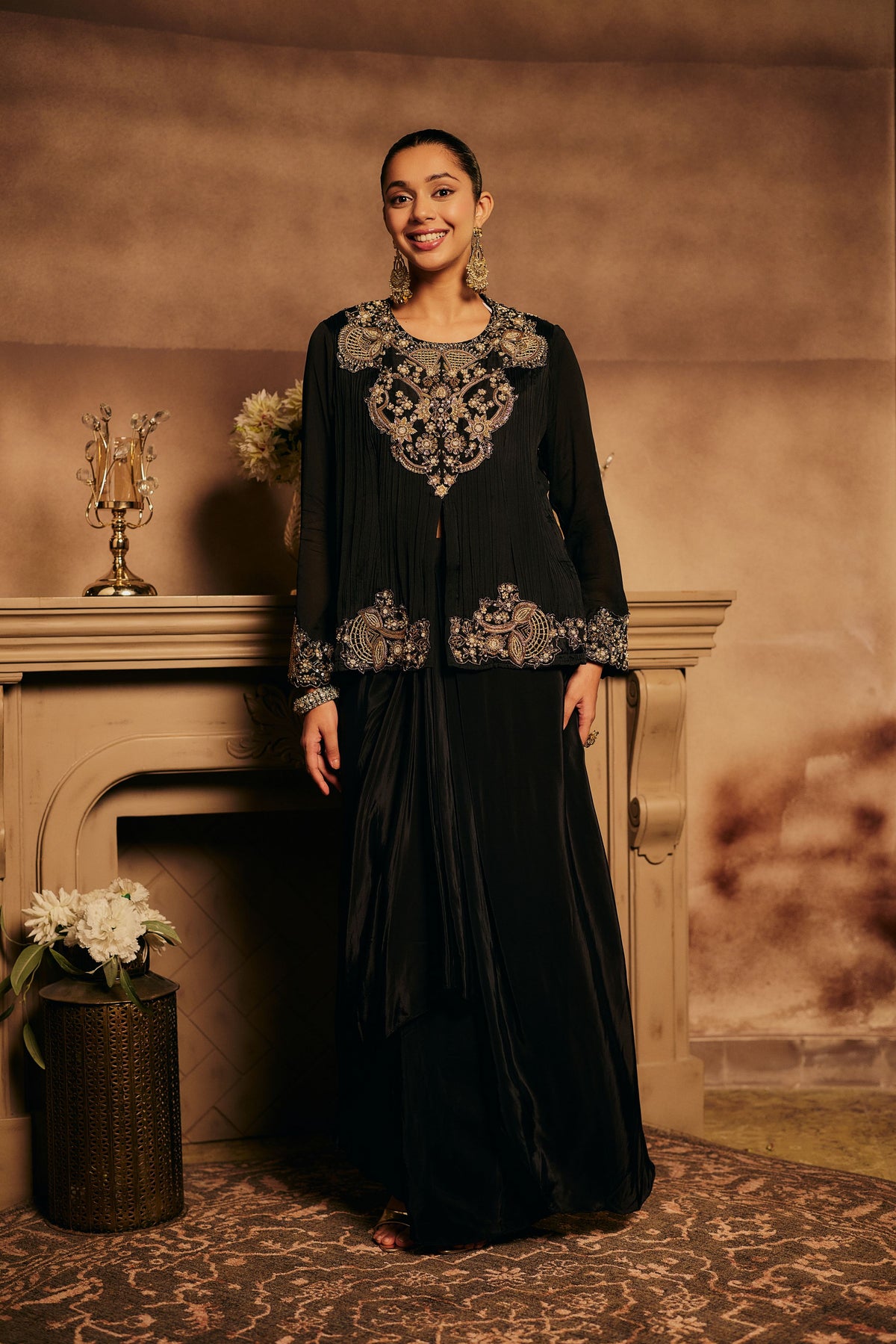 Black Onyx Embellished Georgette Silk Skirt Set