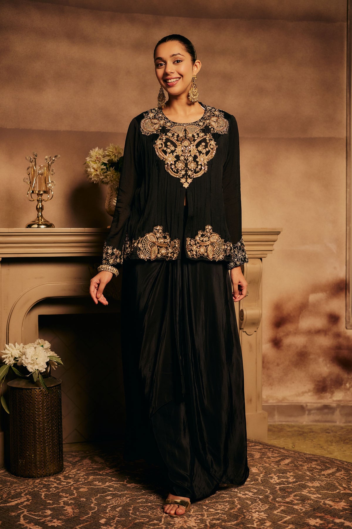 Black Onyx Embellished Georgette Silk Skirt Set