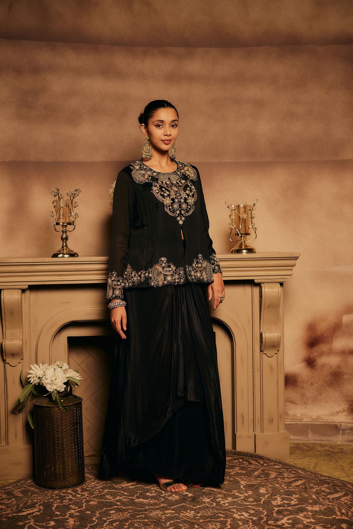 Black Onyx Embellished Georgette Silk Skirt Set