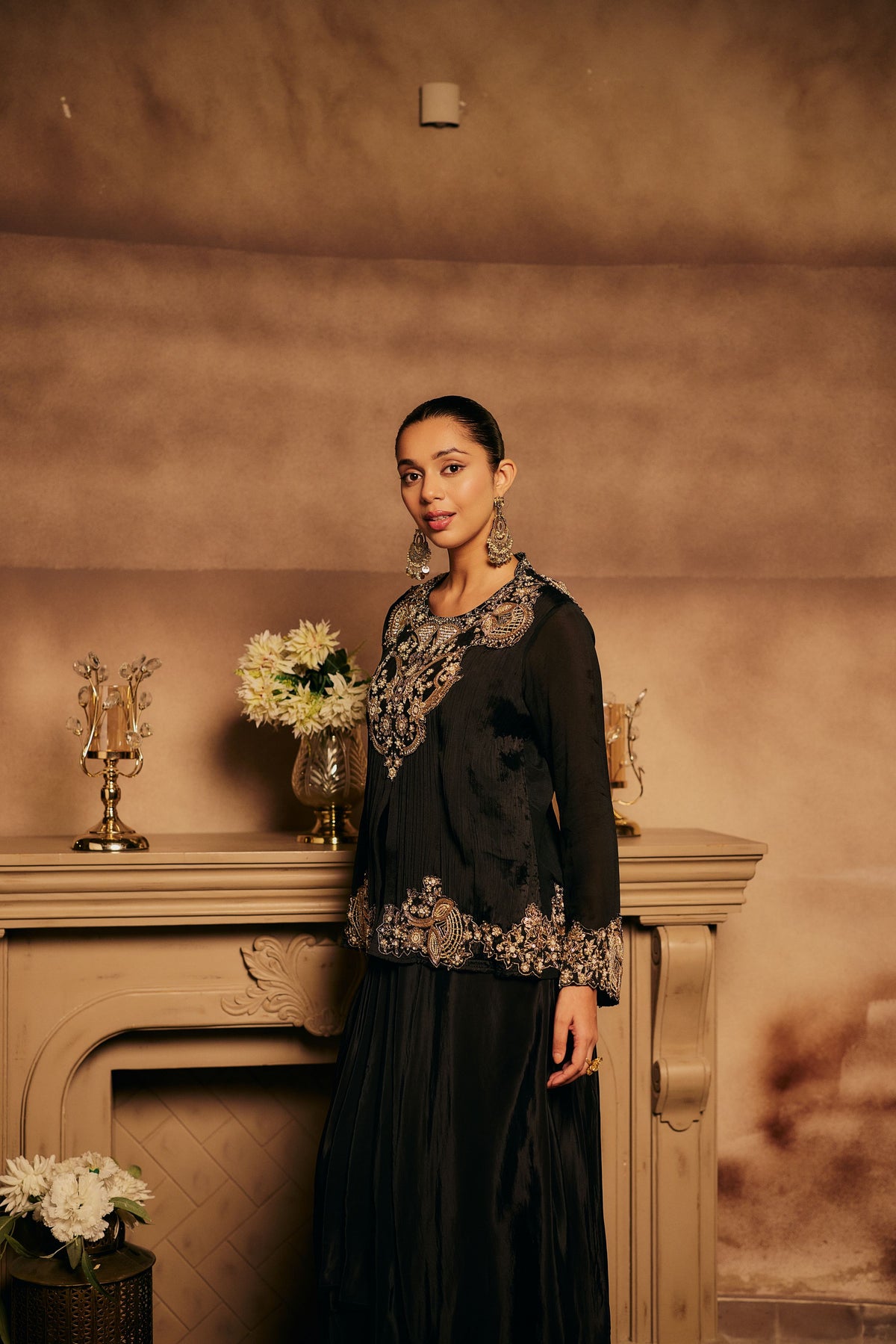 Black Onyx Embellished Georgette Silk Skirt Set