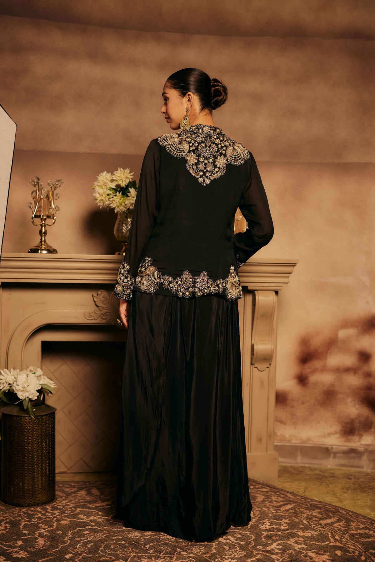 Black Onyx Embellished Georgette Silk Skirt Set