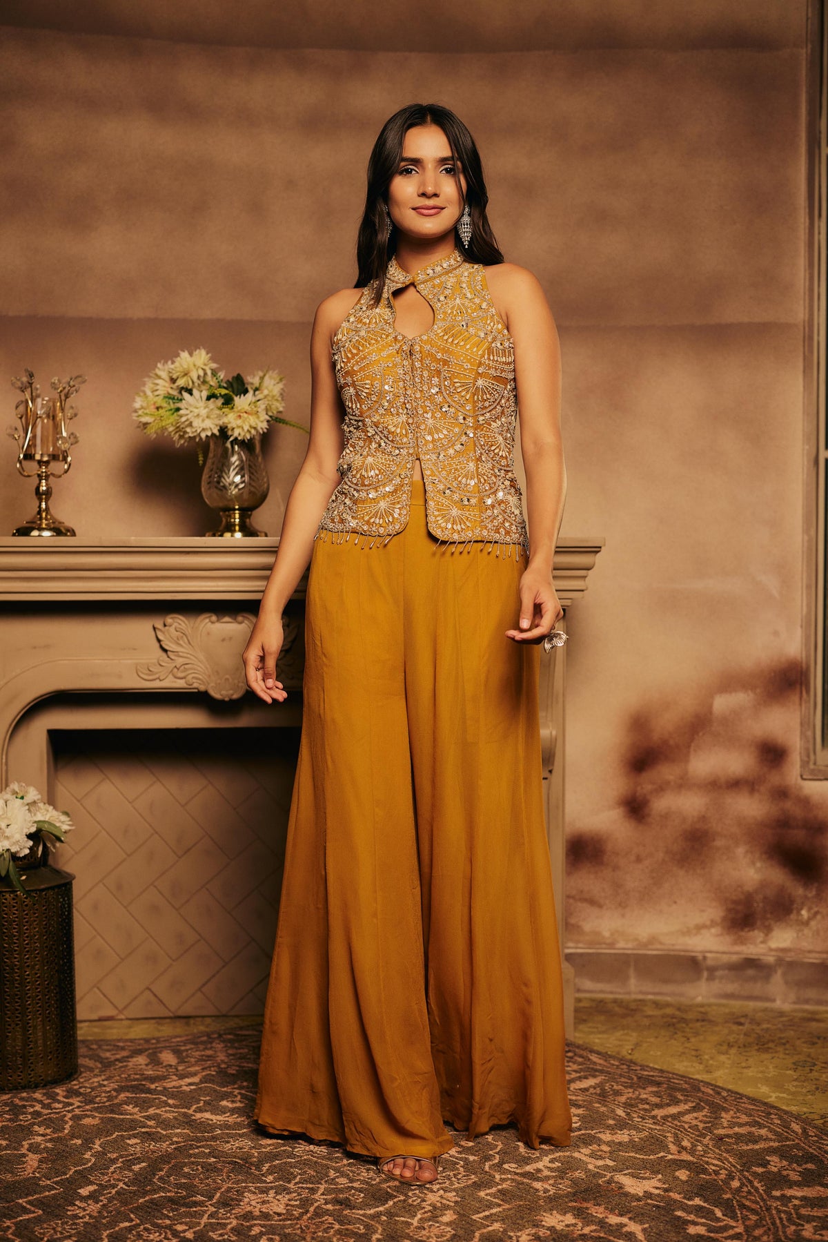 Turmeric Yellow Embellished Georgette Silk Palazzo Set