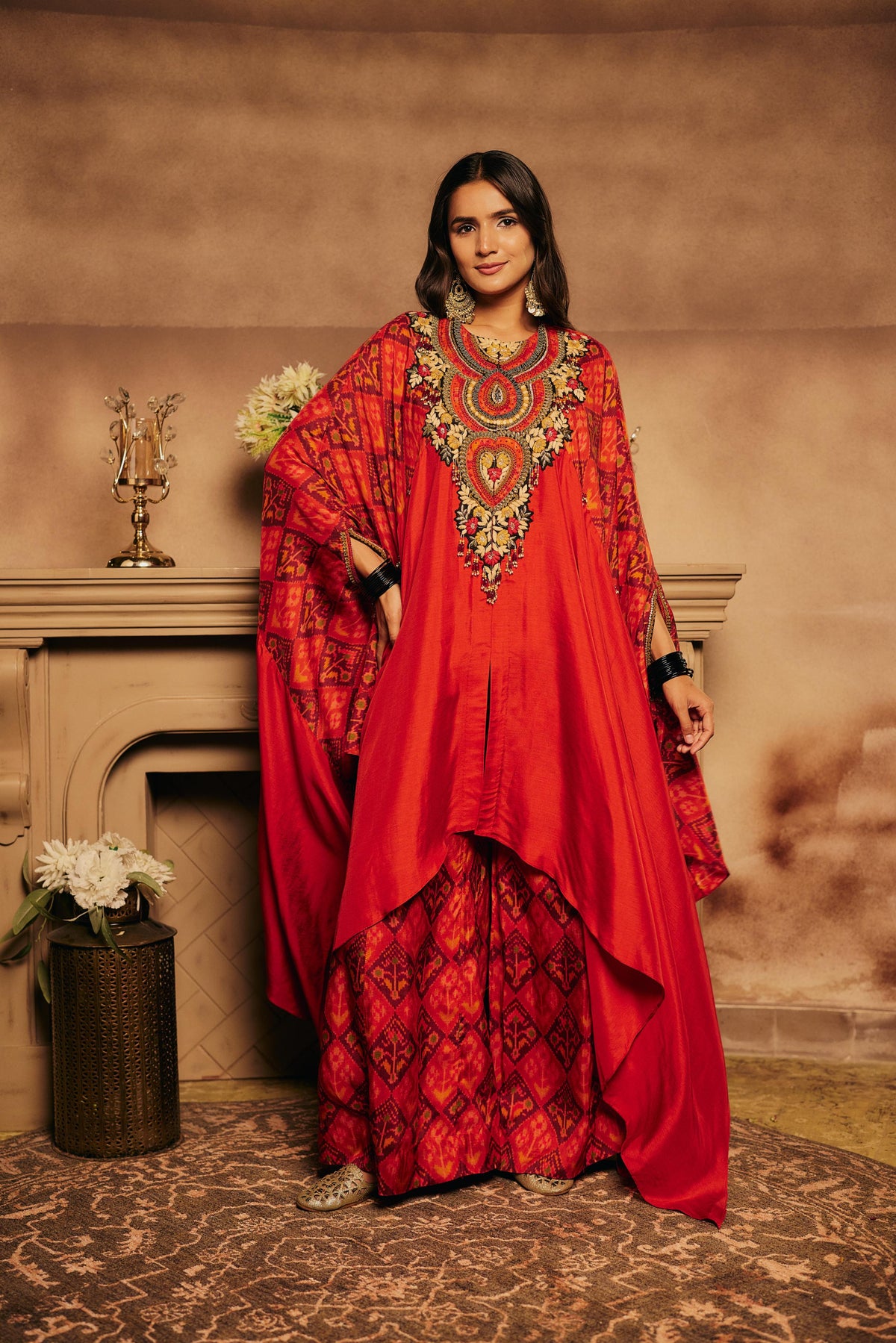 Red & Multi-Colored Upadda Silk Kaftan Set