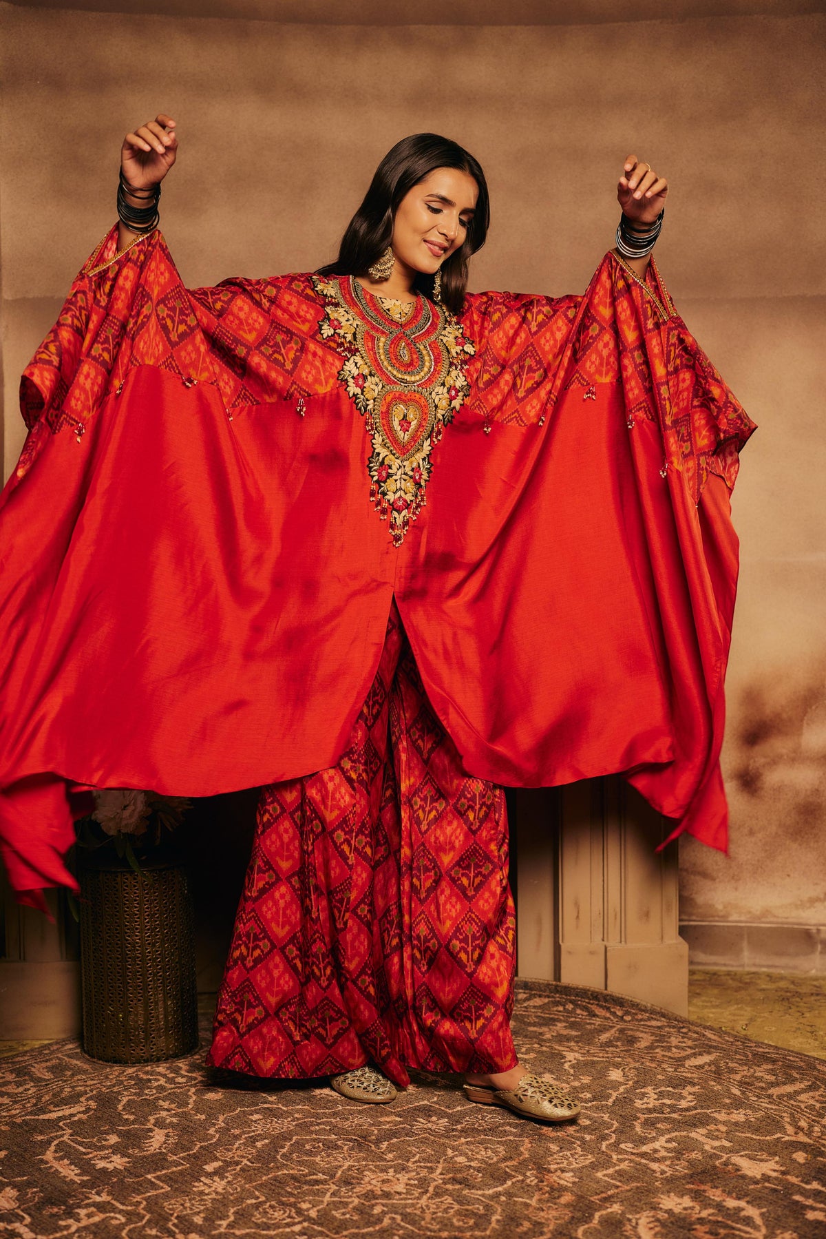 Red & Multi-Colored Upadda Silk Kaftan Set