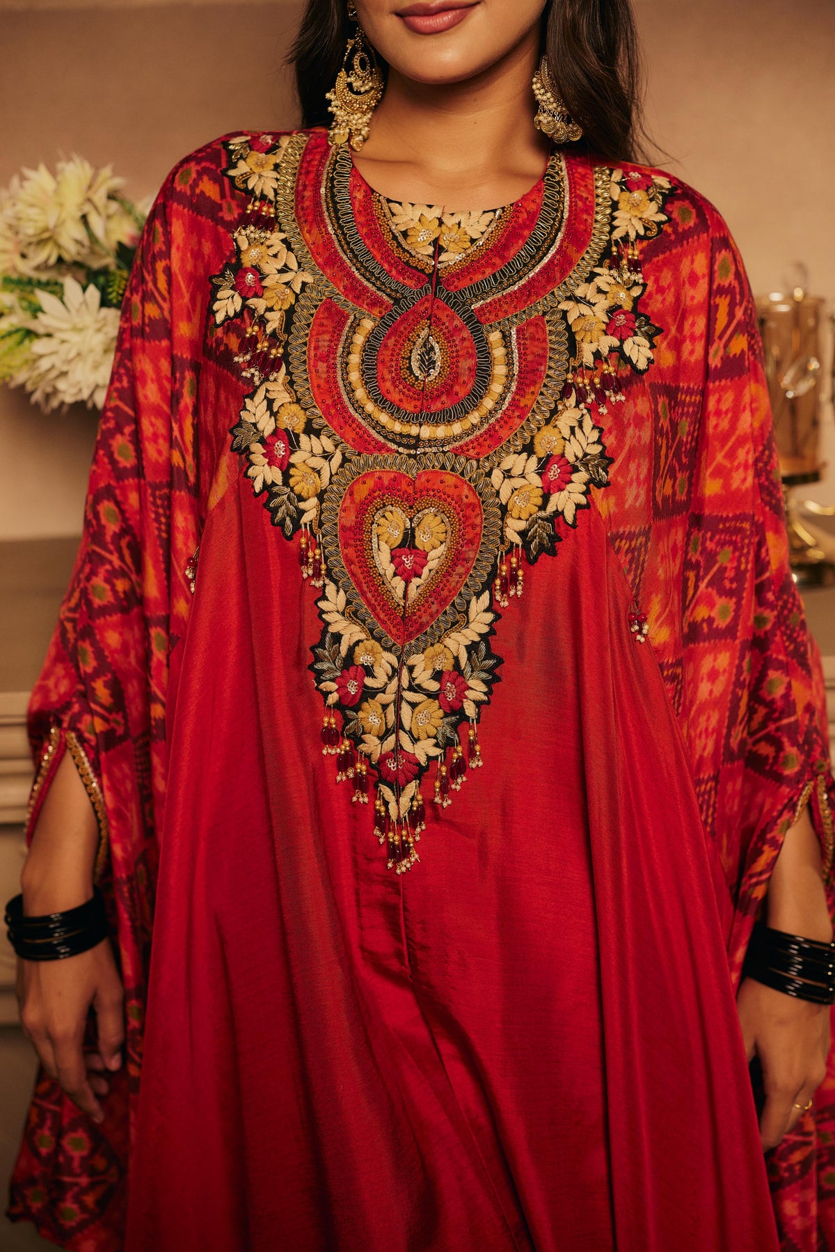 Red & Multi-Colored Upadda Silk Kaftan Set
