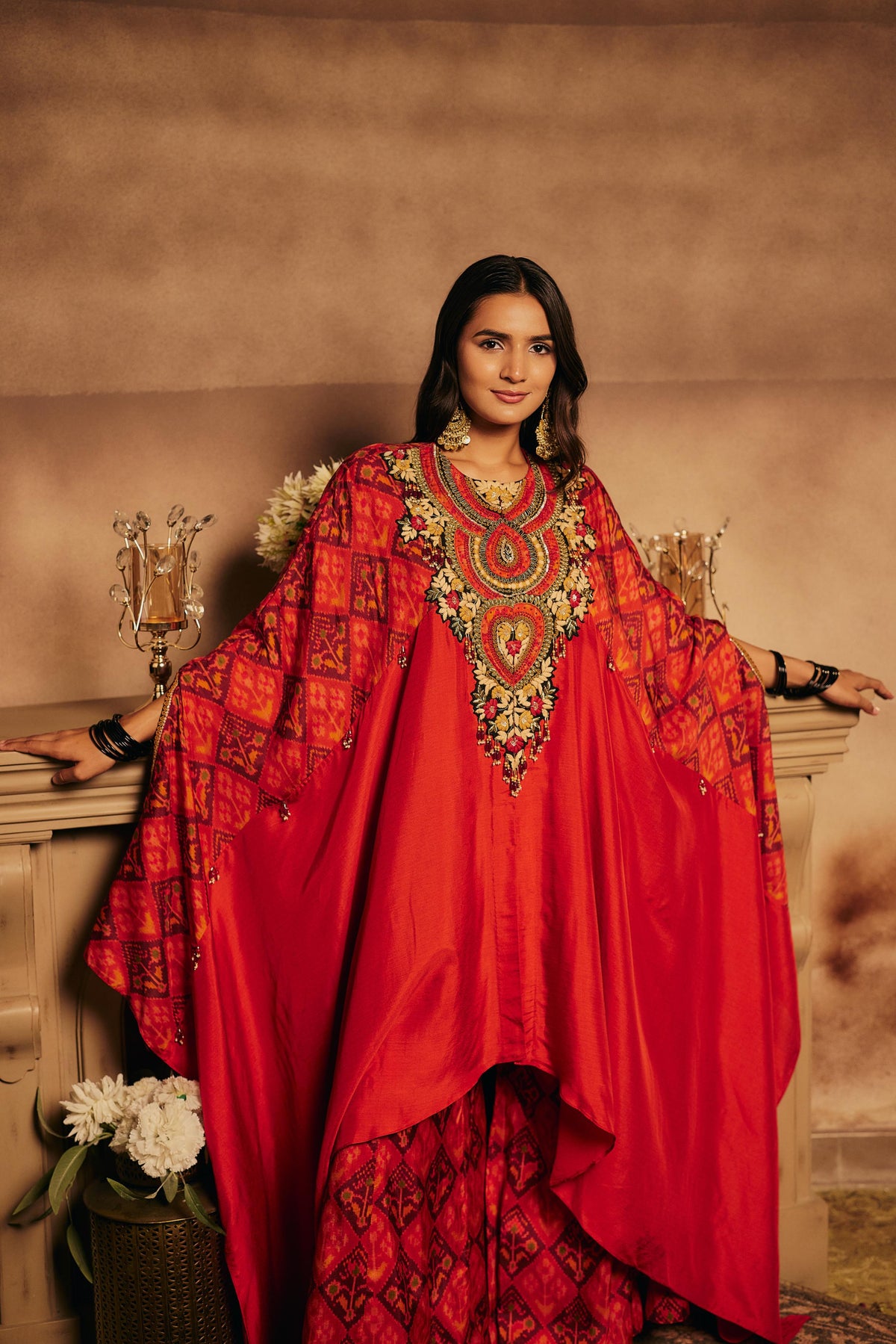 Red & Multi-Colored Upadda Silk Kaftan Set