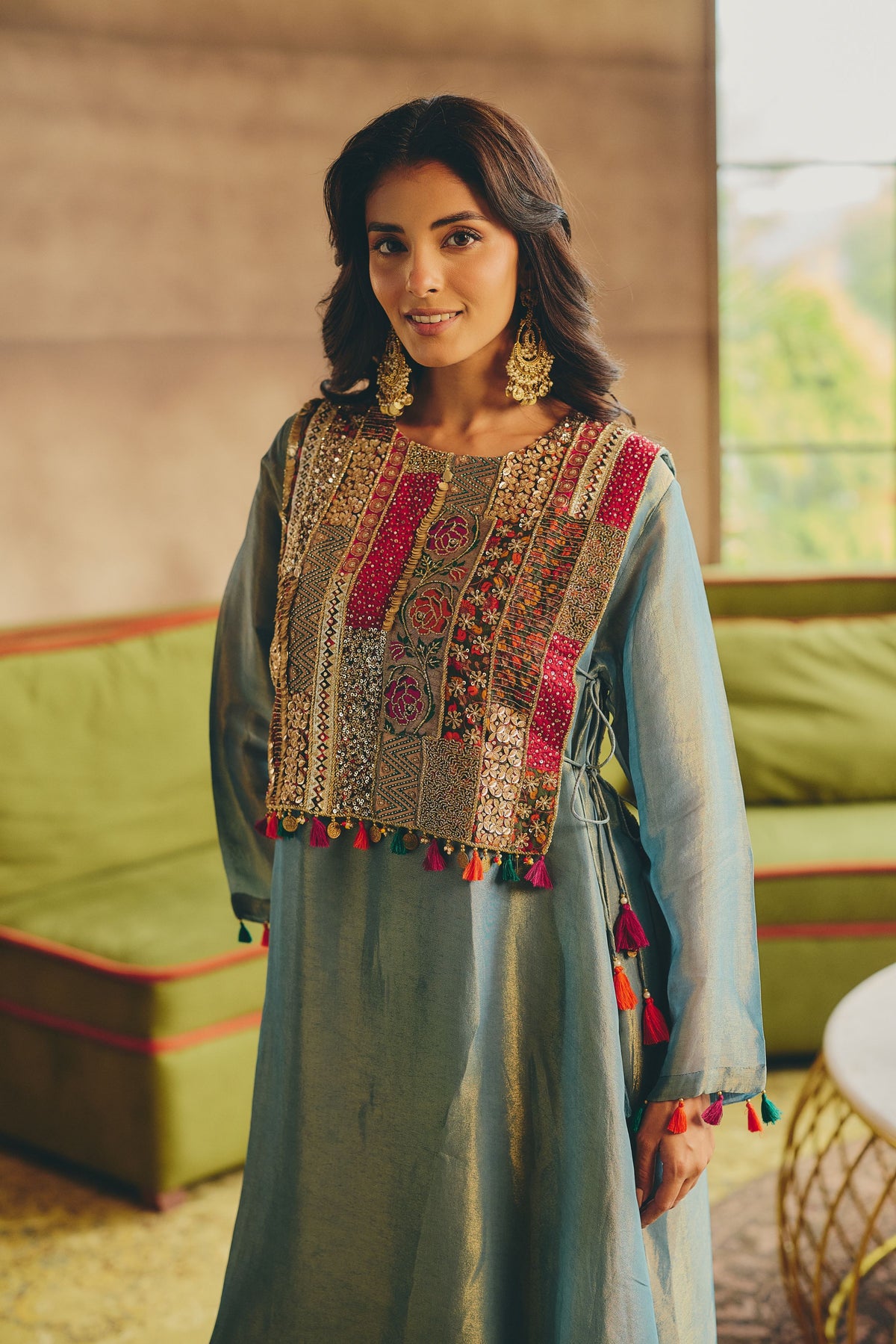 Ice Blue Embellished Shimmer Tissue Silk Pant Set