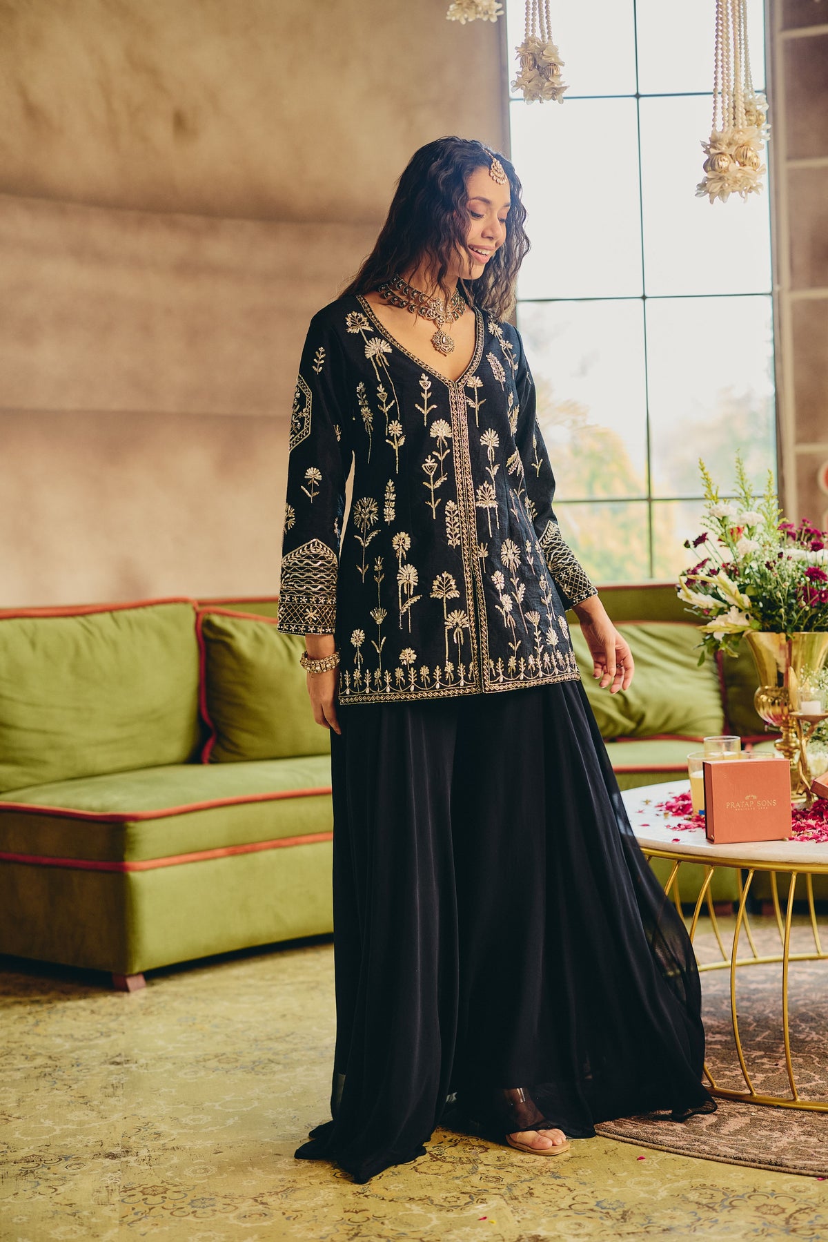 Majestic Black Embellished Raw Silk Palazzo Set