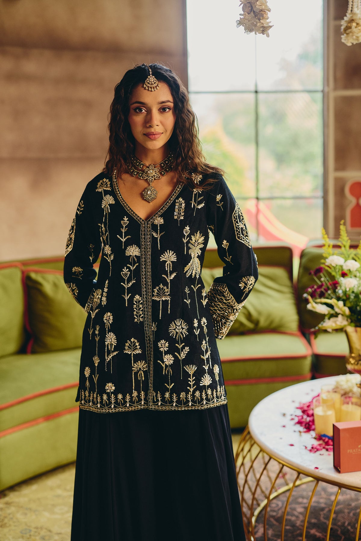 Majestic Black Embellished Raw Silk Palazzo Set