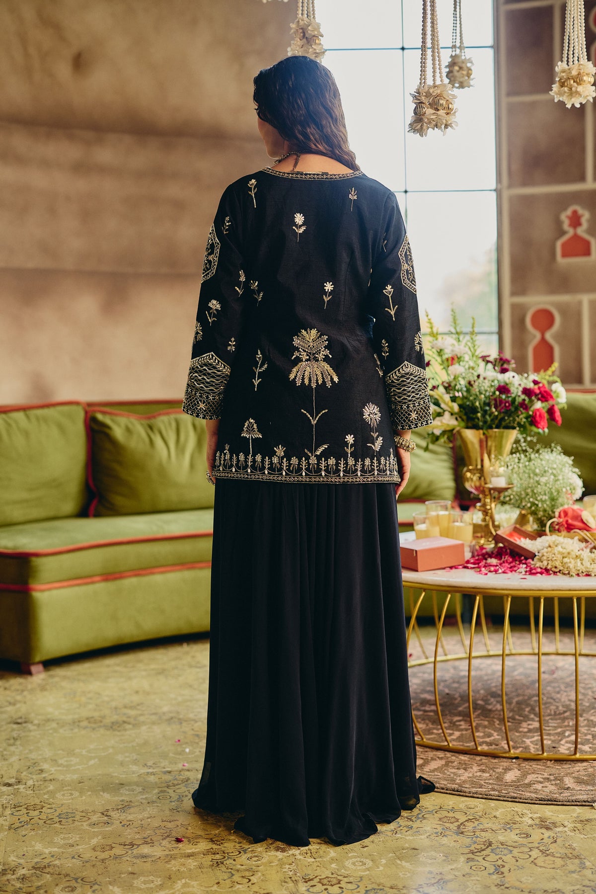 Majestic Black Embellished Raw Silk Palazzo Set