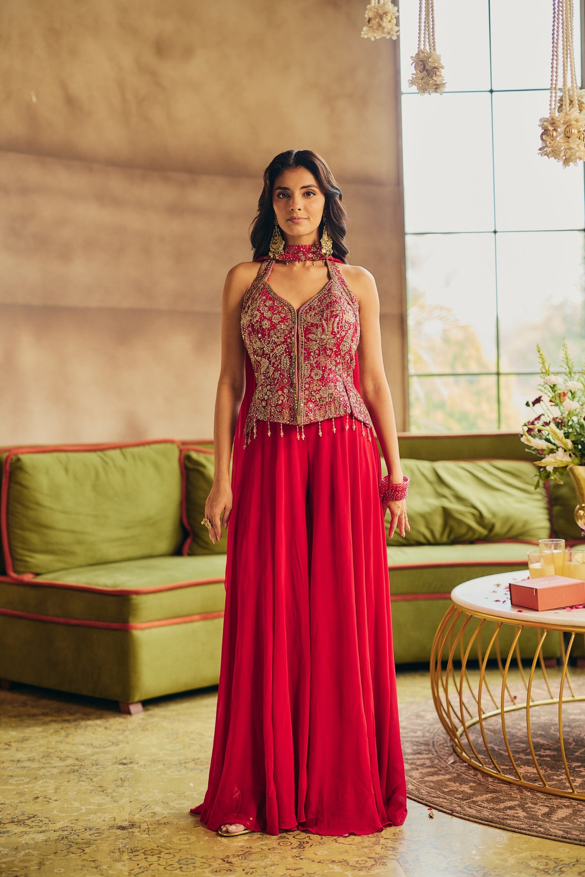 Ruby Red Embellished Georgette Silk Palazzo Set