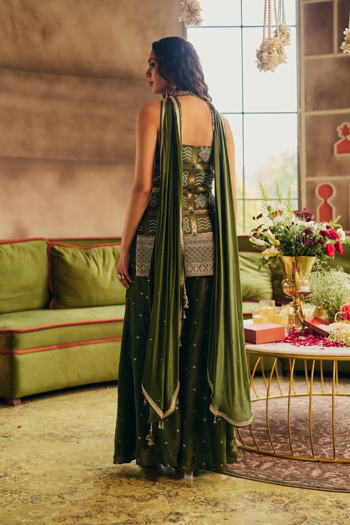 Chic Green Embellished Banarasi Brocade Silk Palazzo Set