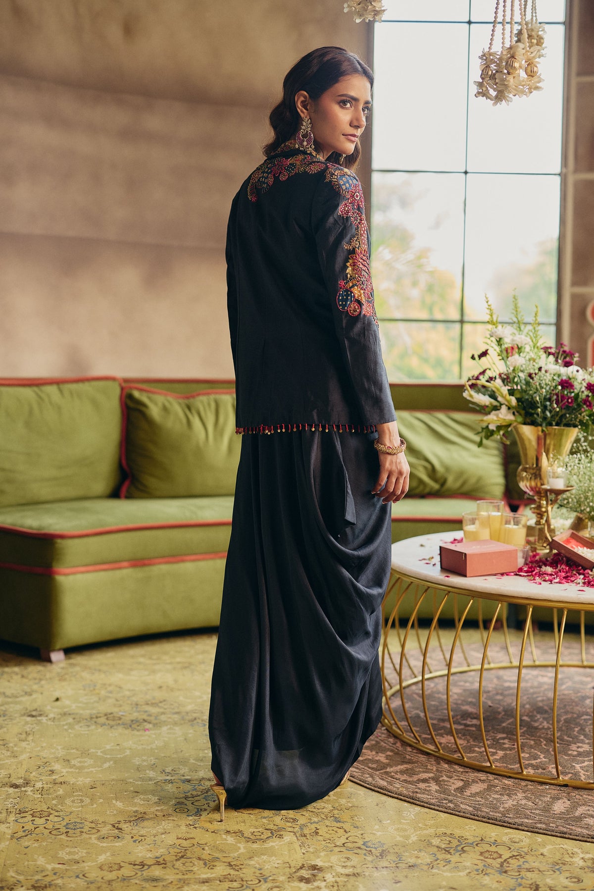 Navy Muse Embellished Raw Silk Skirt Set