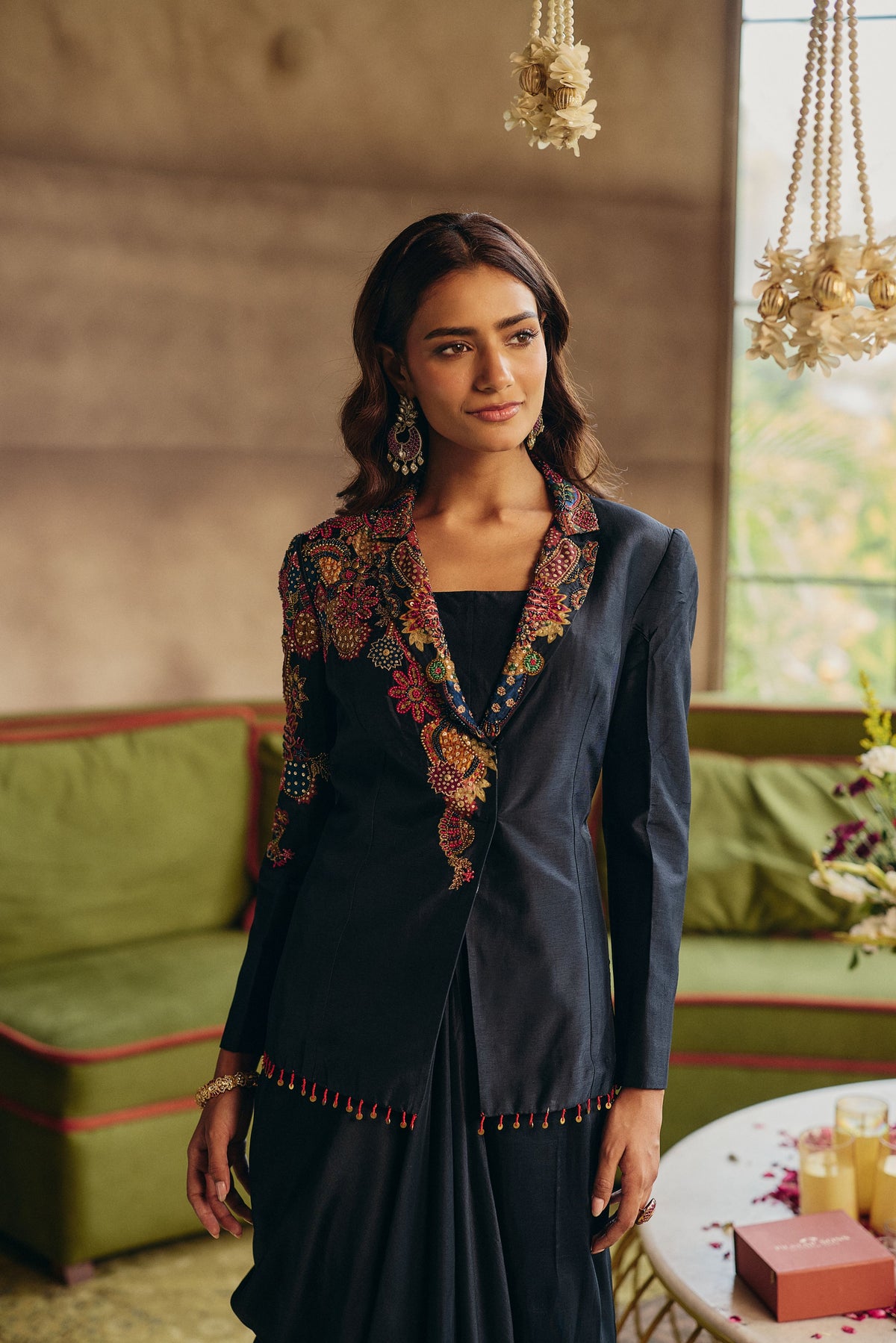 Navy Muse Embellished Raw Silk Skirt Set