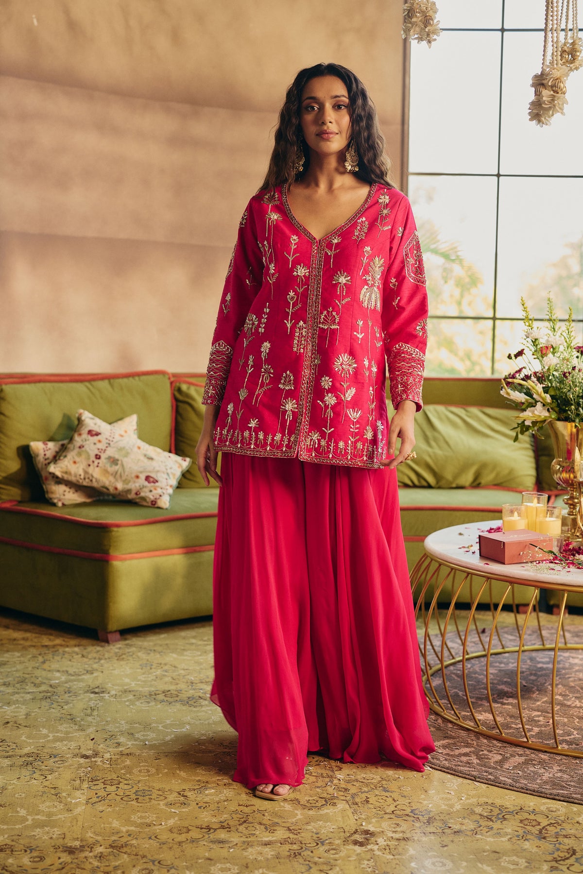 Rani Pink Embellished Raw Silk Palazzo Set