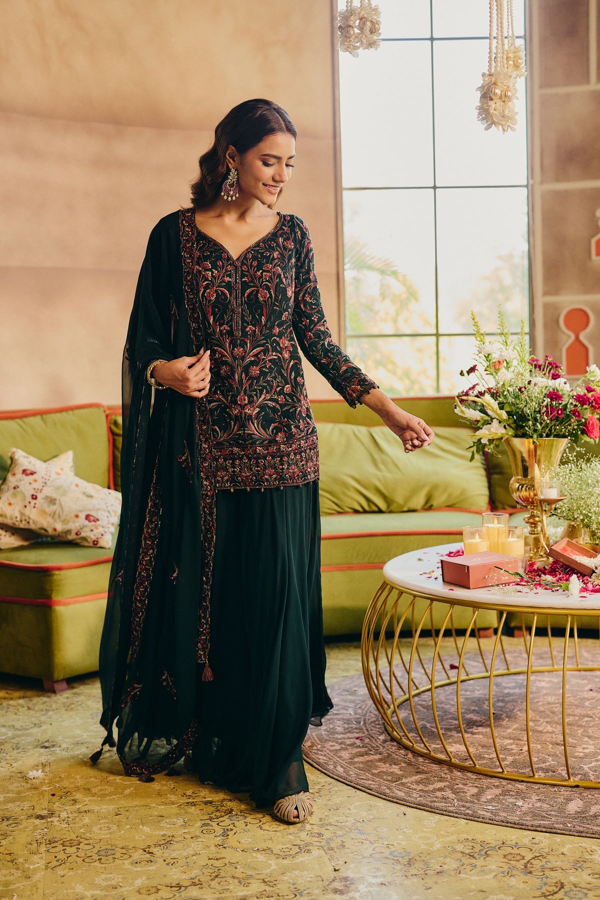 Bottle Green Embellished Georgette Silk Palazzo Set