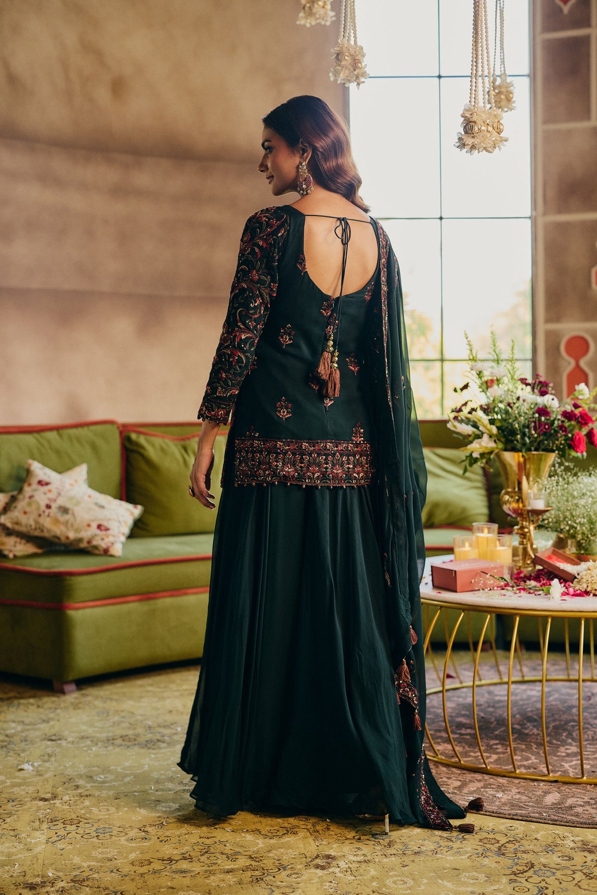 Bottle Green Embellished Georgette Silk Palazzo Set