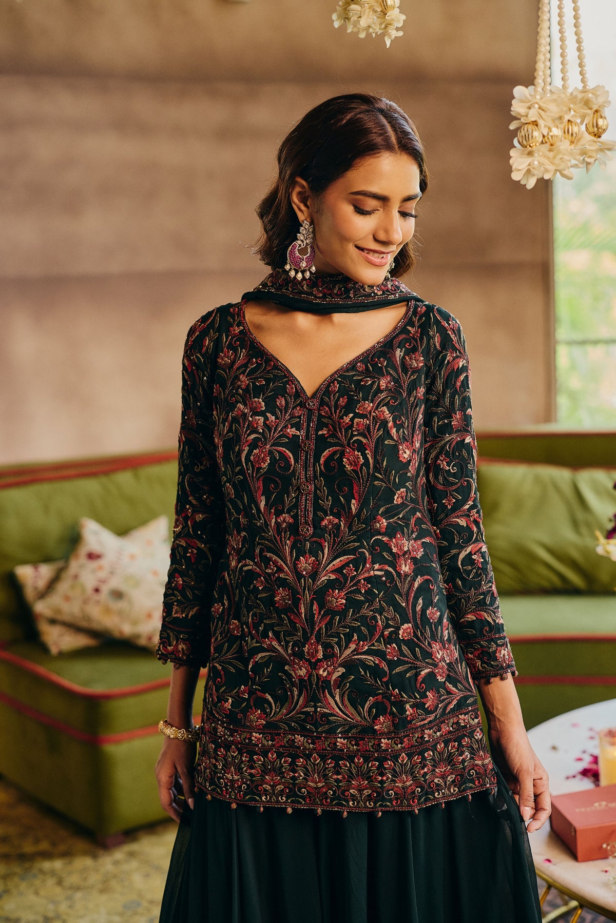 Bottle Green Embellished Georgette Silk Palazzo Set