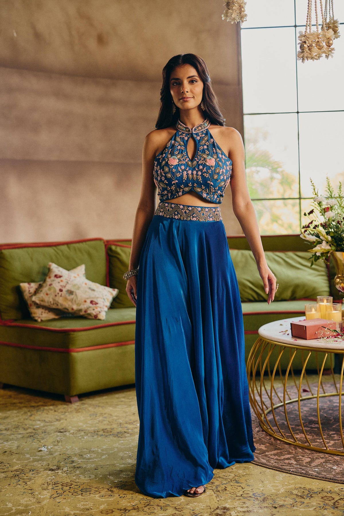 Teal Blue Embellished Crepe Silk Palazzo Set