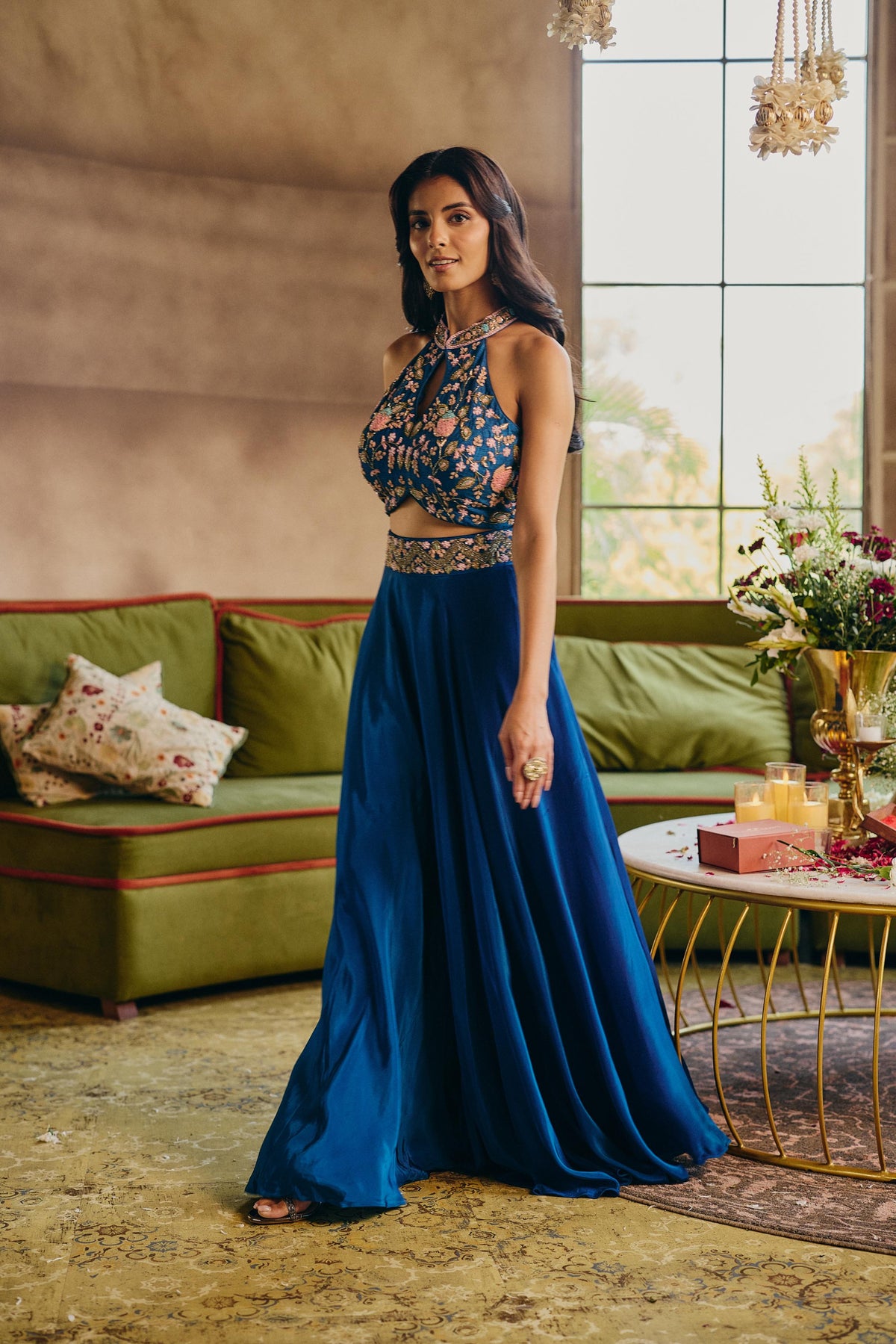 Teal Blue Embellished Crepe Silk Palazzo Set