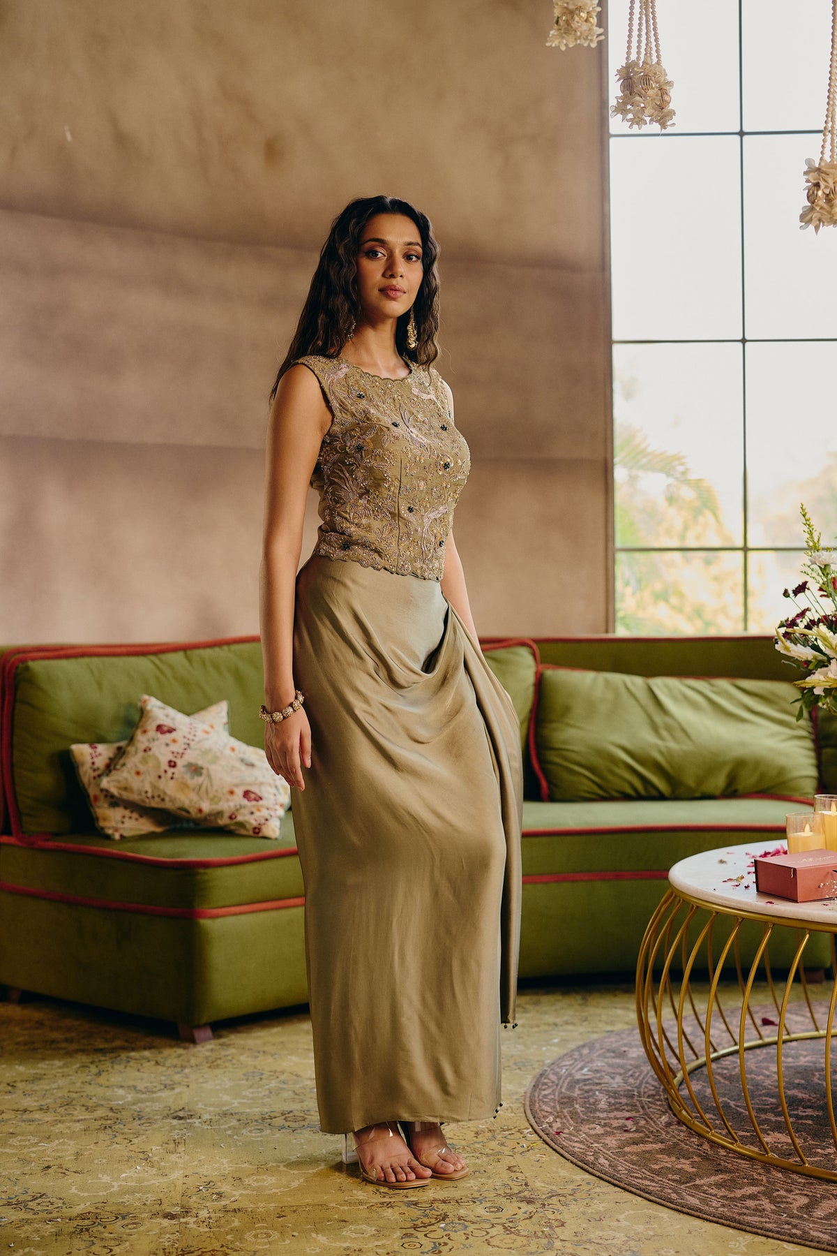 Pastel Sage Embellished Satin Silk Skirt Set