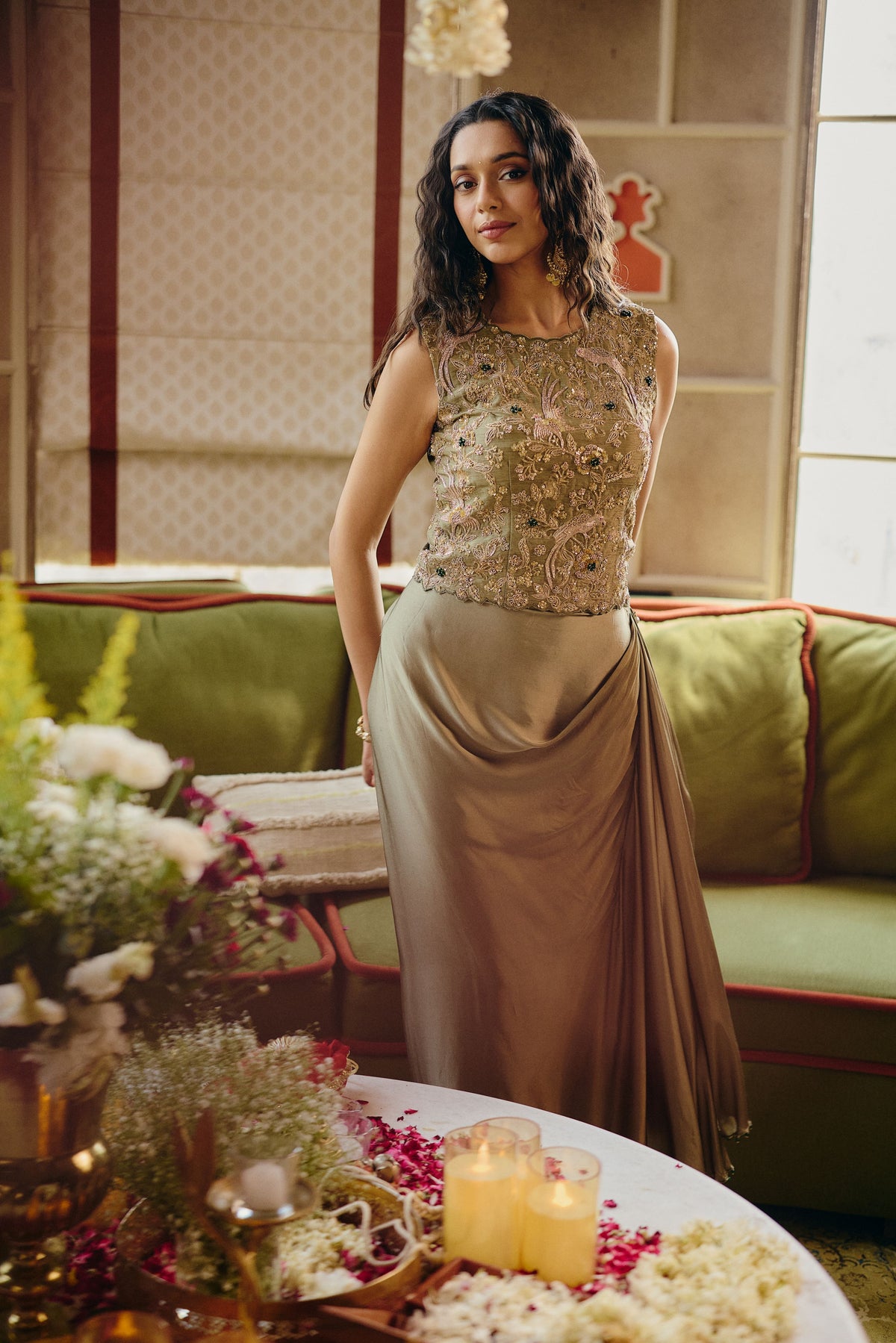 Pastel Sage Embellished Satin Silk Skirt Set