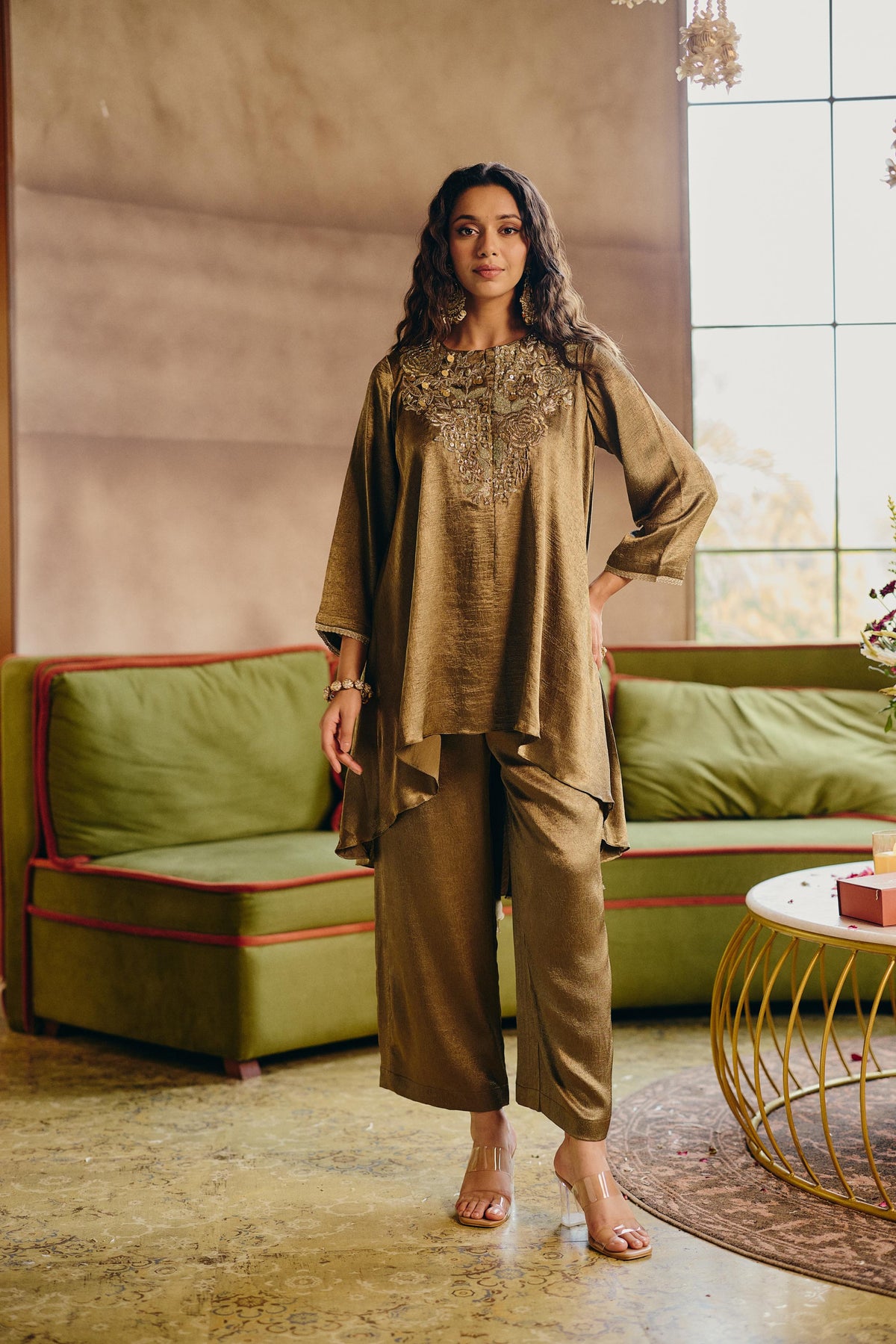 Bronze Olive Embellished Crushed silk Co-Ord Set