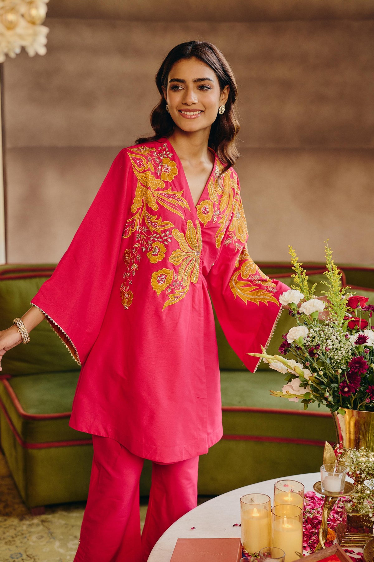 Hot Pink & Mustard Embellished Modal Silk Co-Ord Set