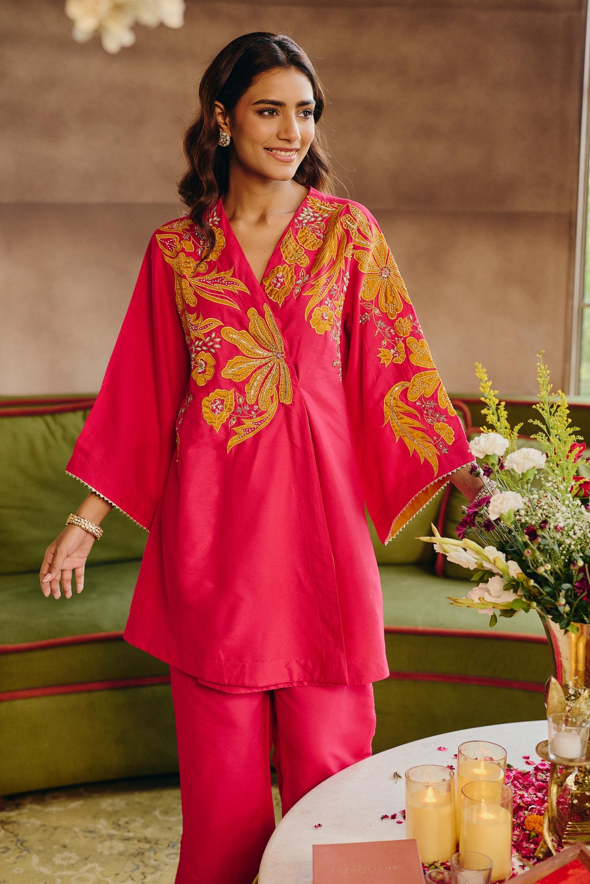 Hot Pink & Mustard Embellished Modal Silk Co-Ord Set