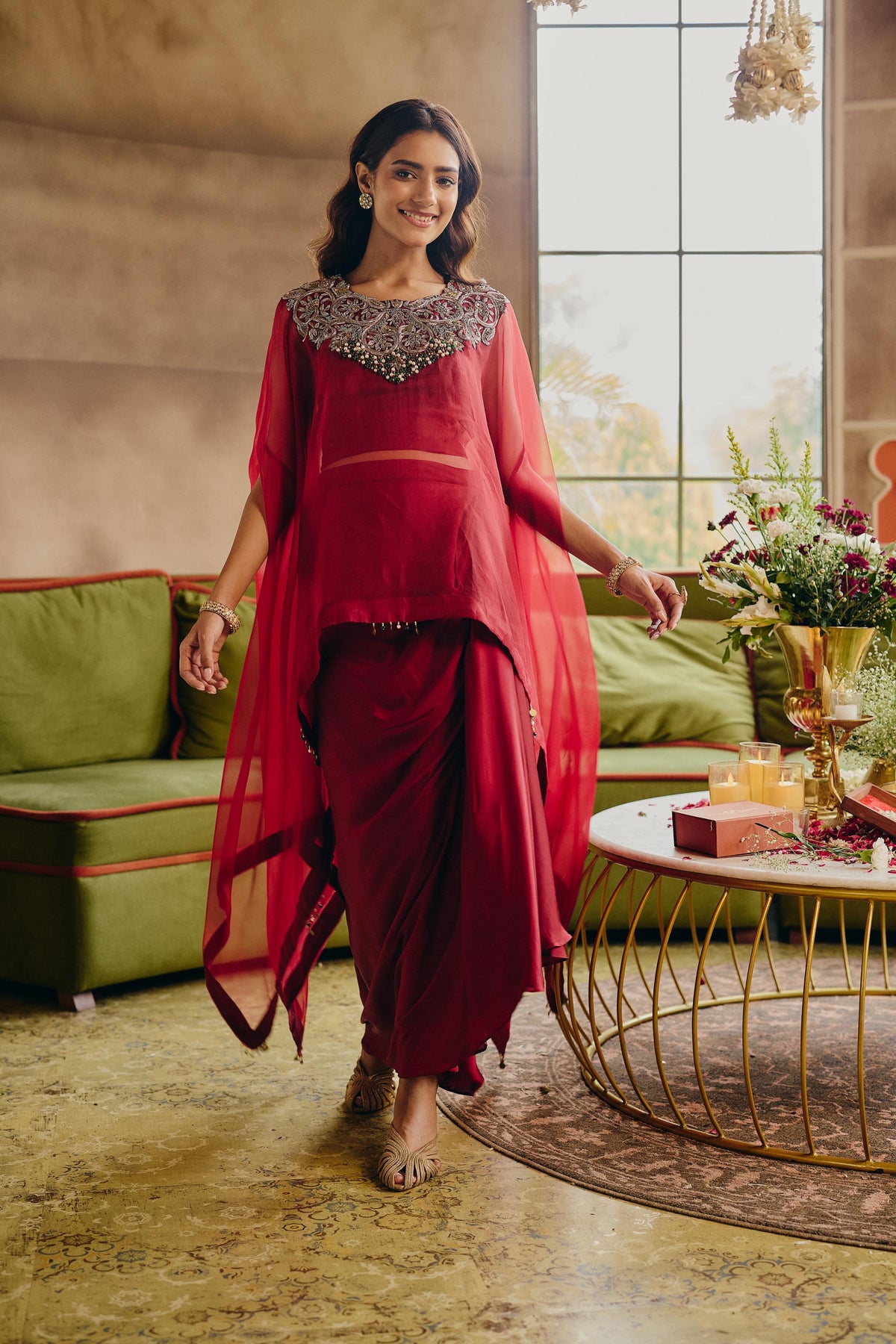 Red Ruby Embellished Satin Silk Skirt Set