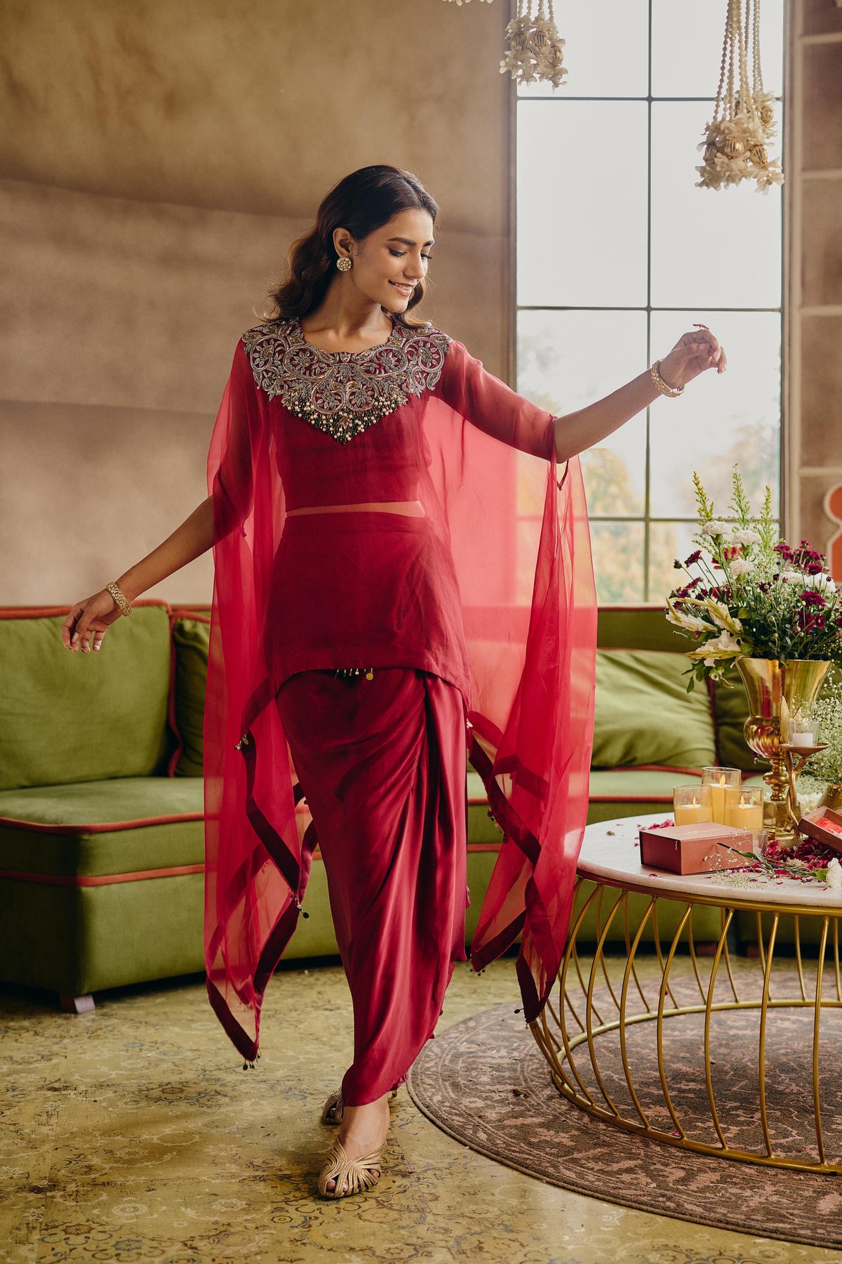 Red Ruby Embellished Satin Silk Skirt Set