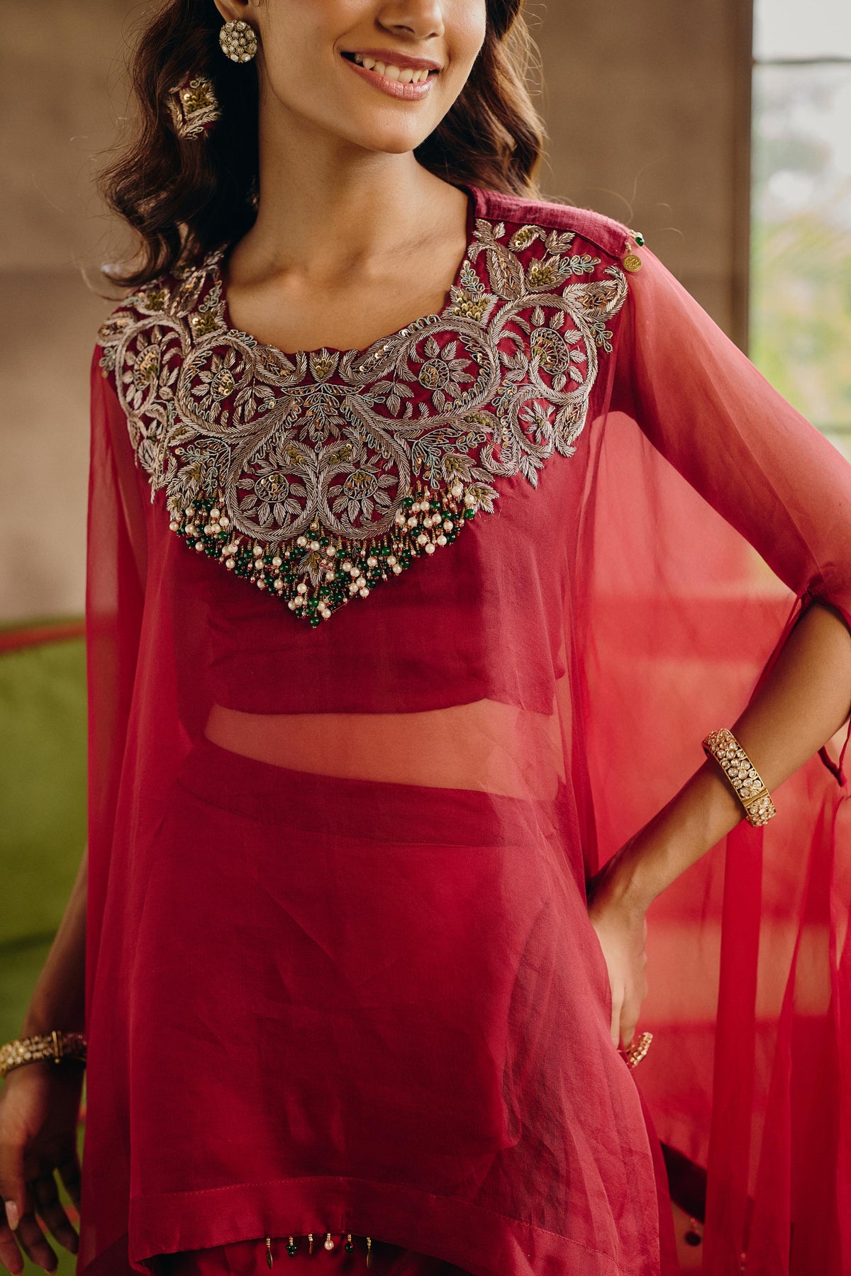 Red Ruby Embellished Satin Silk Skirt Set
