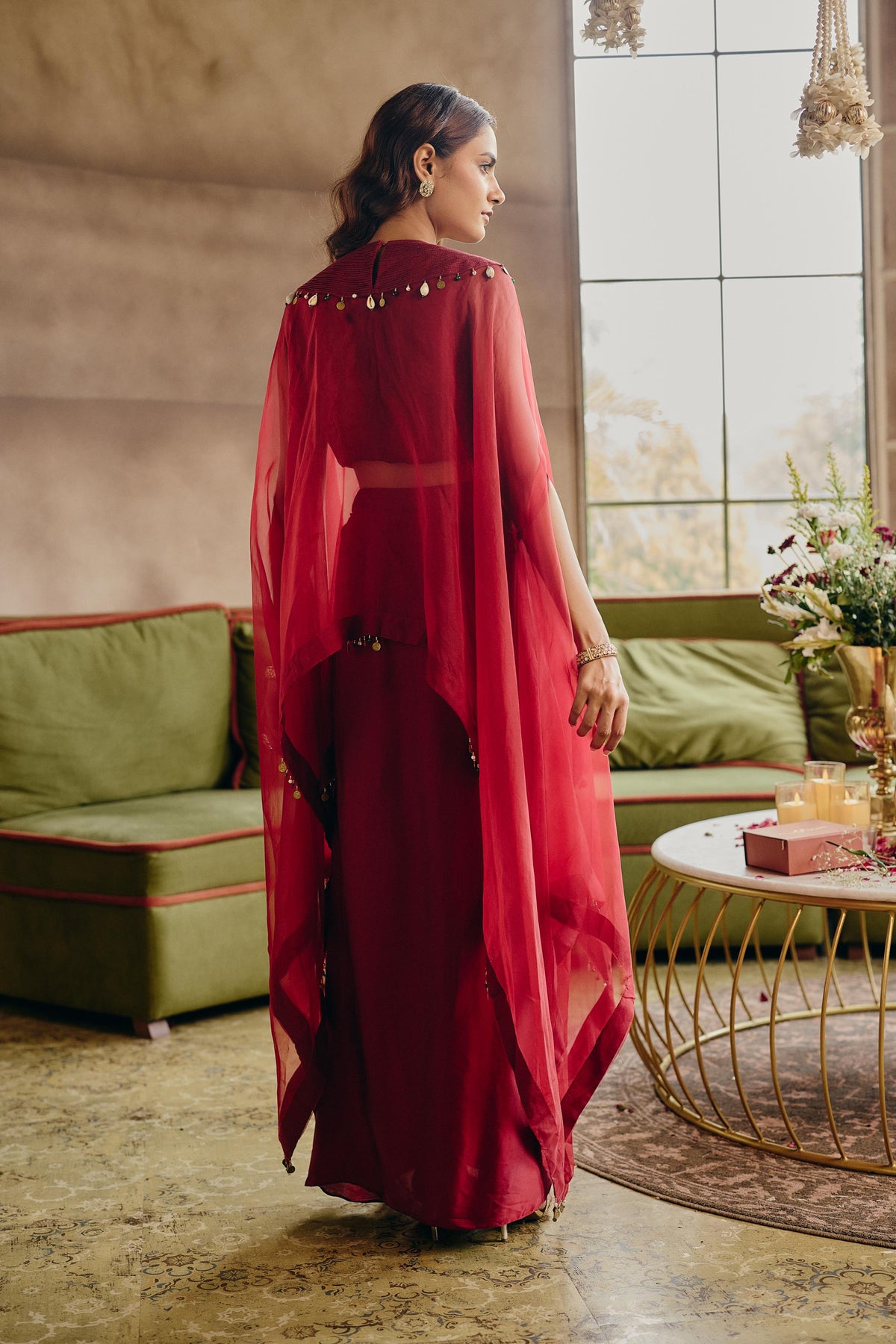 Red Ruby Embellished Satin Silk Skirt Set