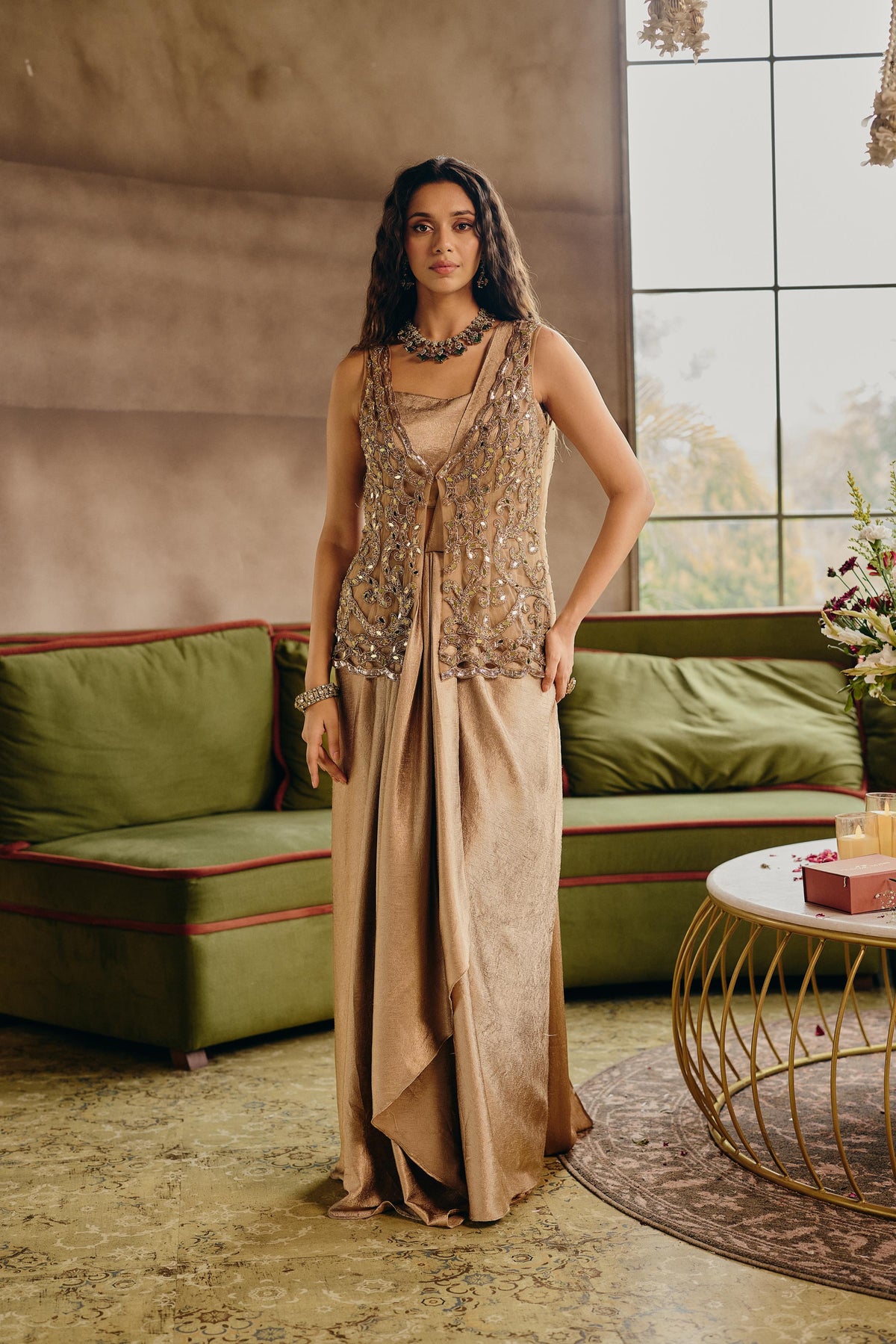 Beige Gold Embellished Crushed Silk Skirt Set with Draped Pallu