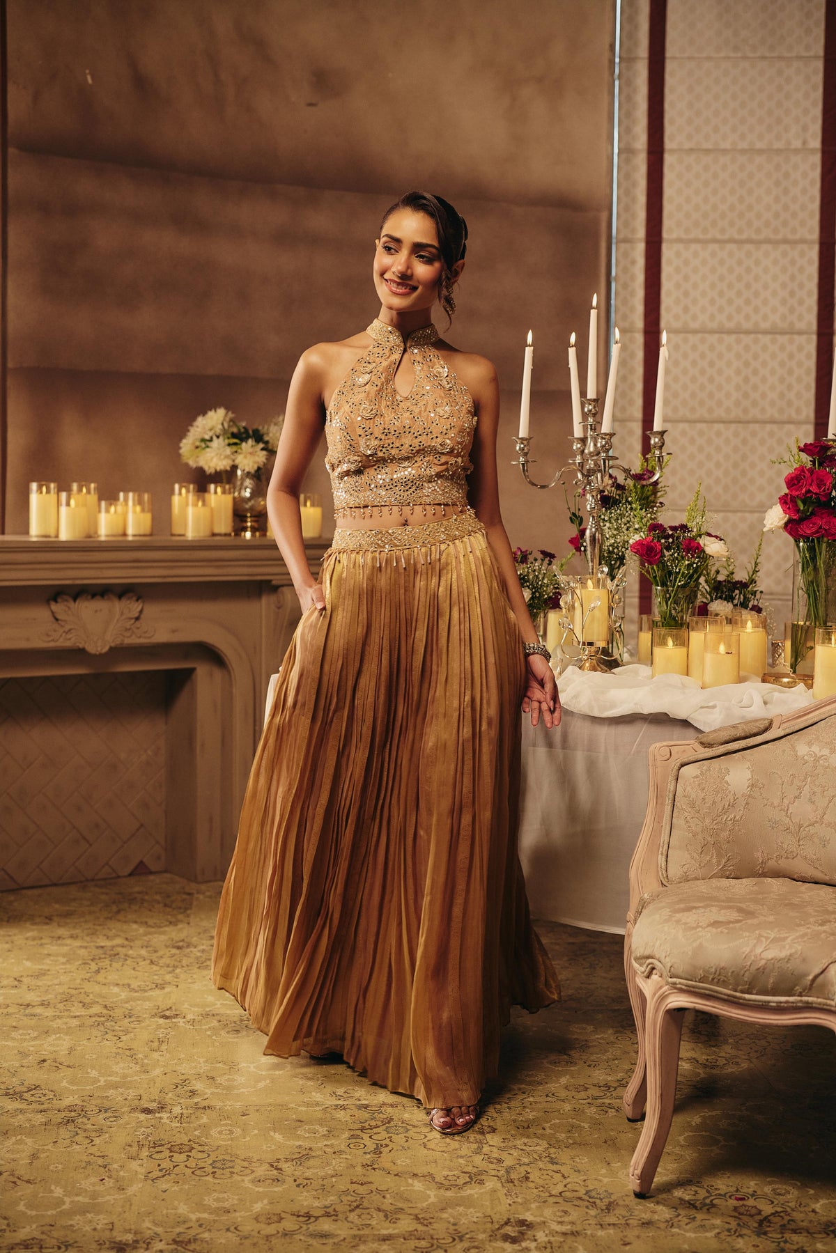 Bronze Beige Embellished Crushed Silk Skirt Set