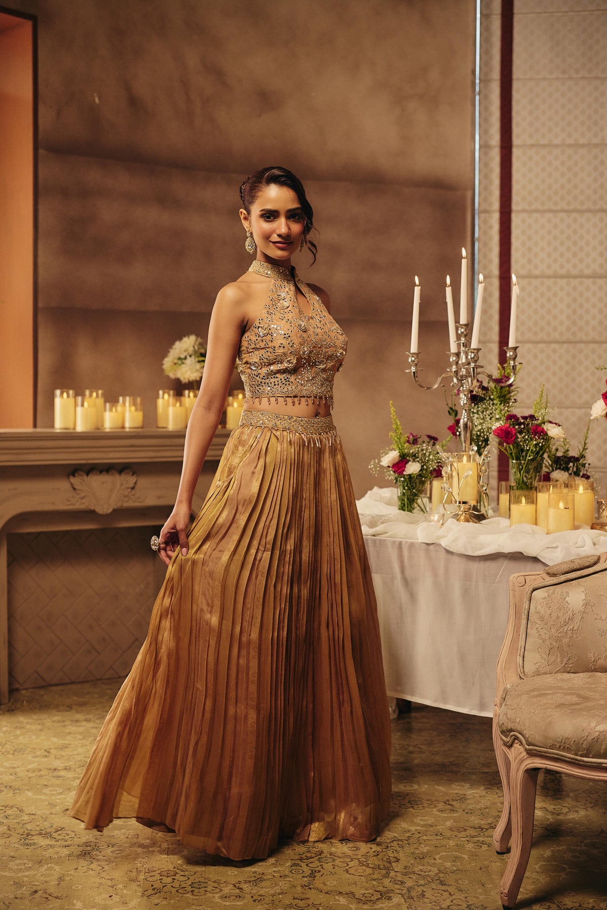 Bronze Beige Embellished Crushed Silk Skirt Set